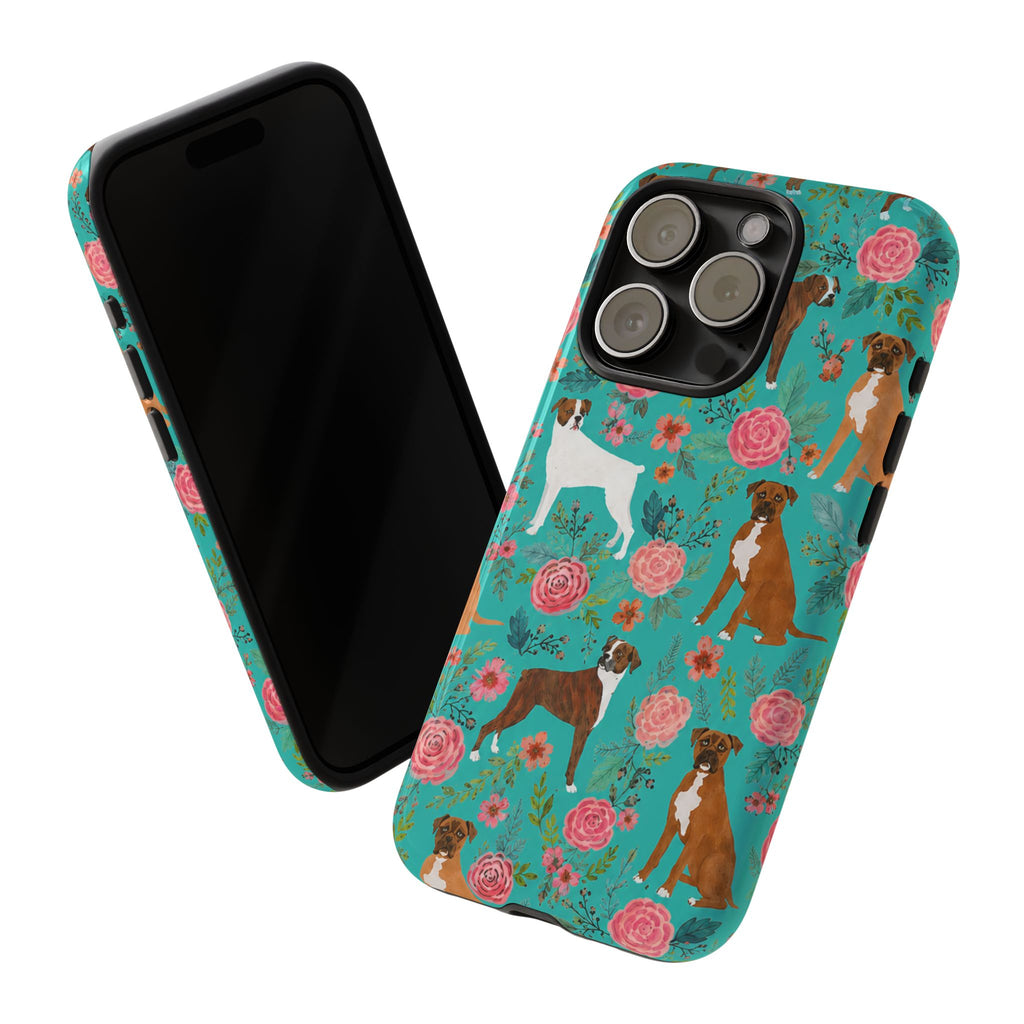 Boxer Dog Floral Phone Case — Teal Patterned Tough Cases