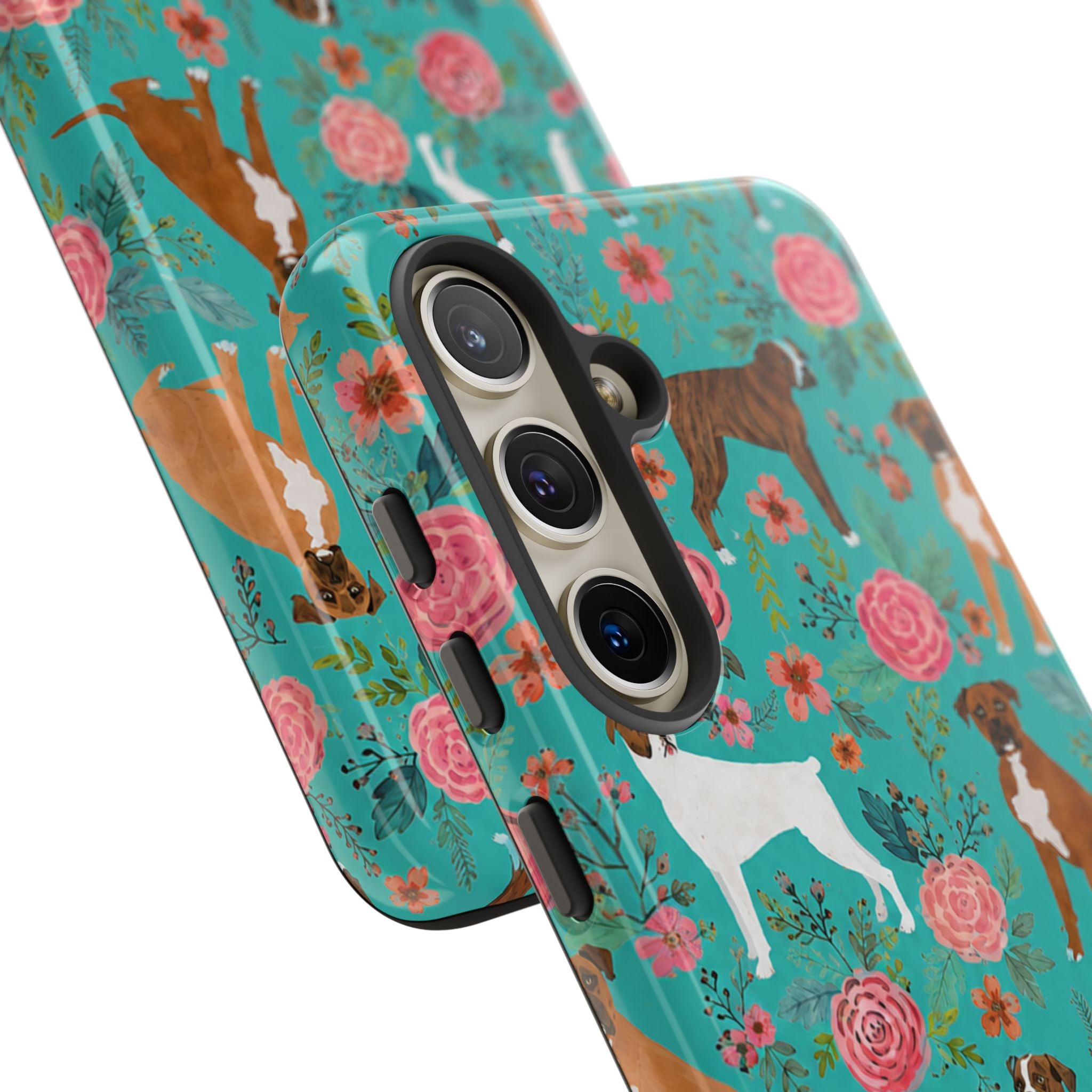 Boxer Dog Floral Phone Case — Teal Patterned Tough Cases