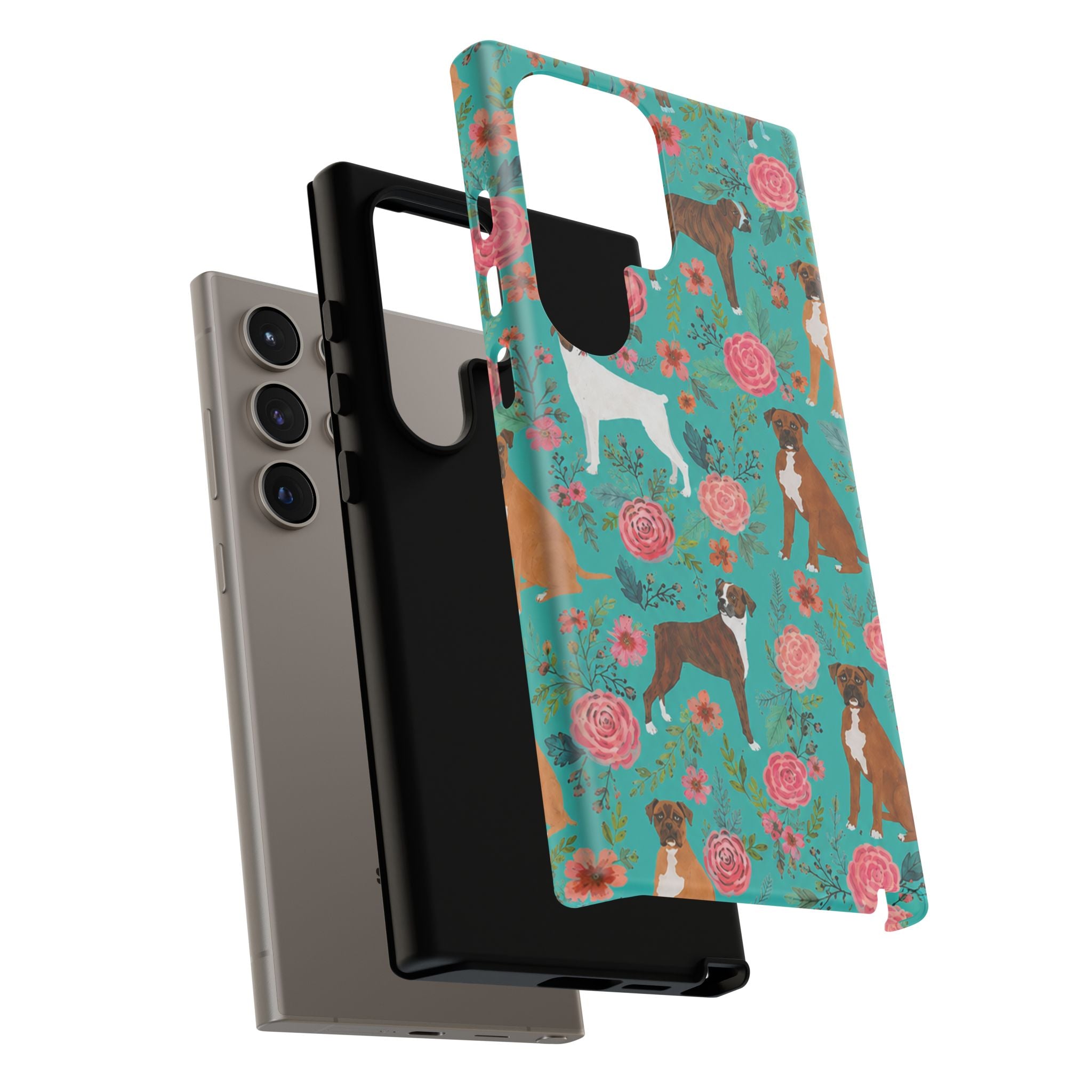 Boxer Dog Floral Phone Case — Teal Patterned Tough Cases