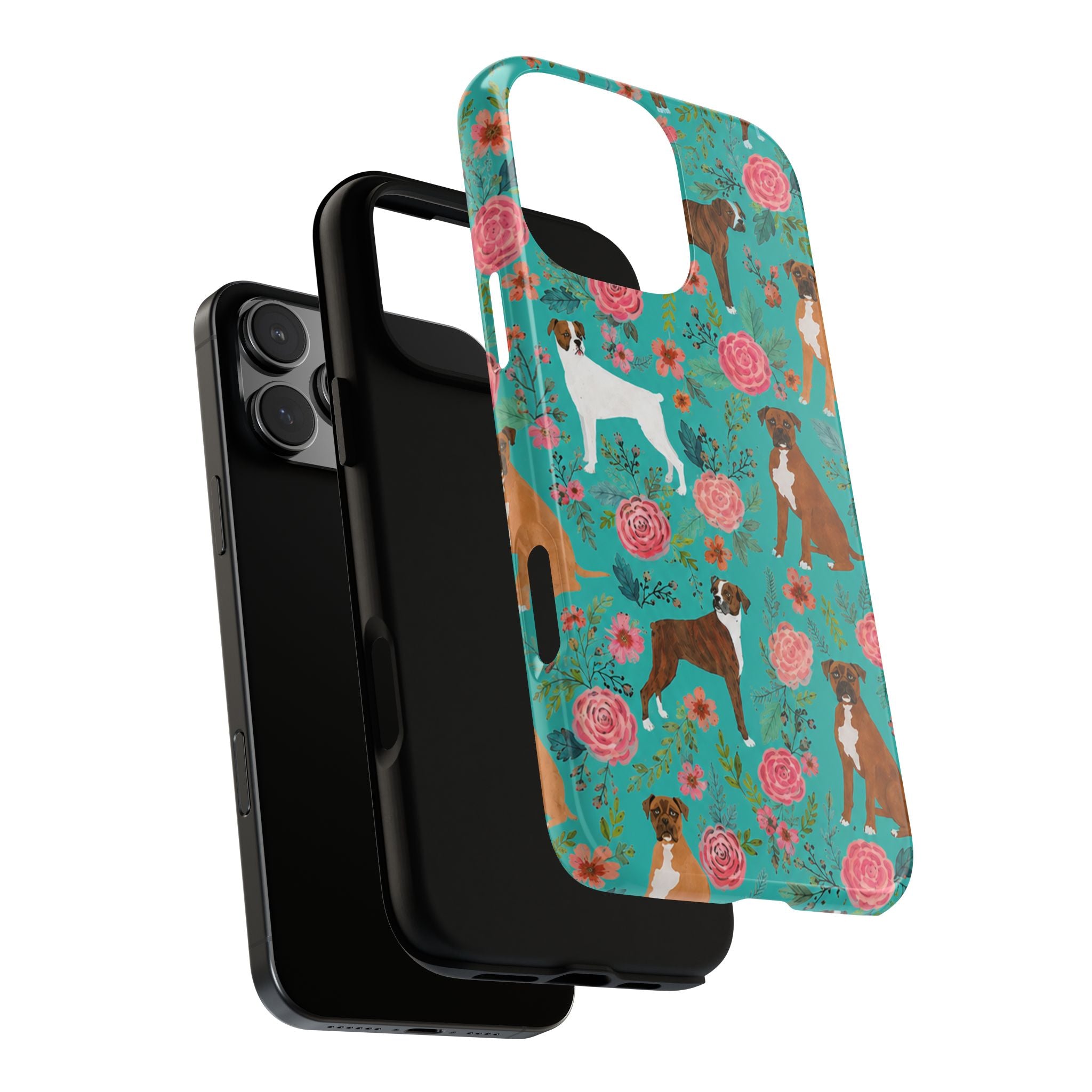 Boxer Dog Floral Phone Case — Teal Patterned Tough Cases
