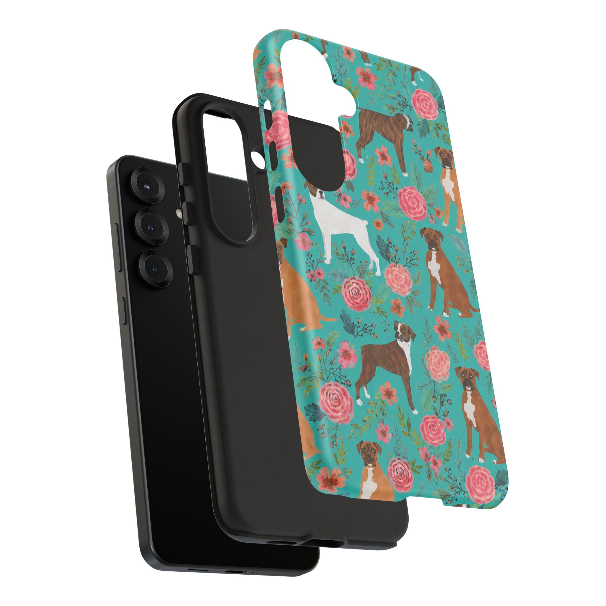 Boxer Dog Floral Phone Case — Teal Patterned Tough Cases