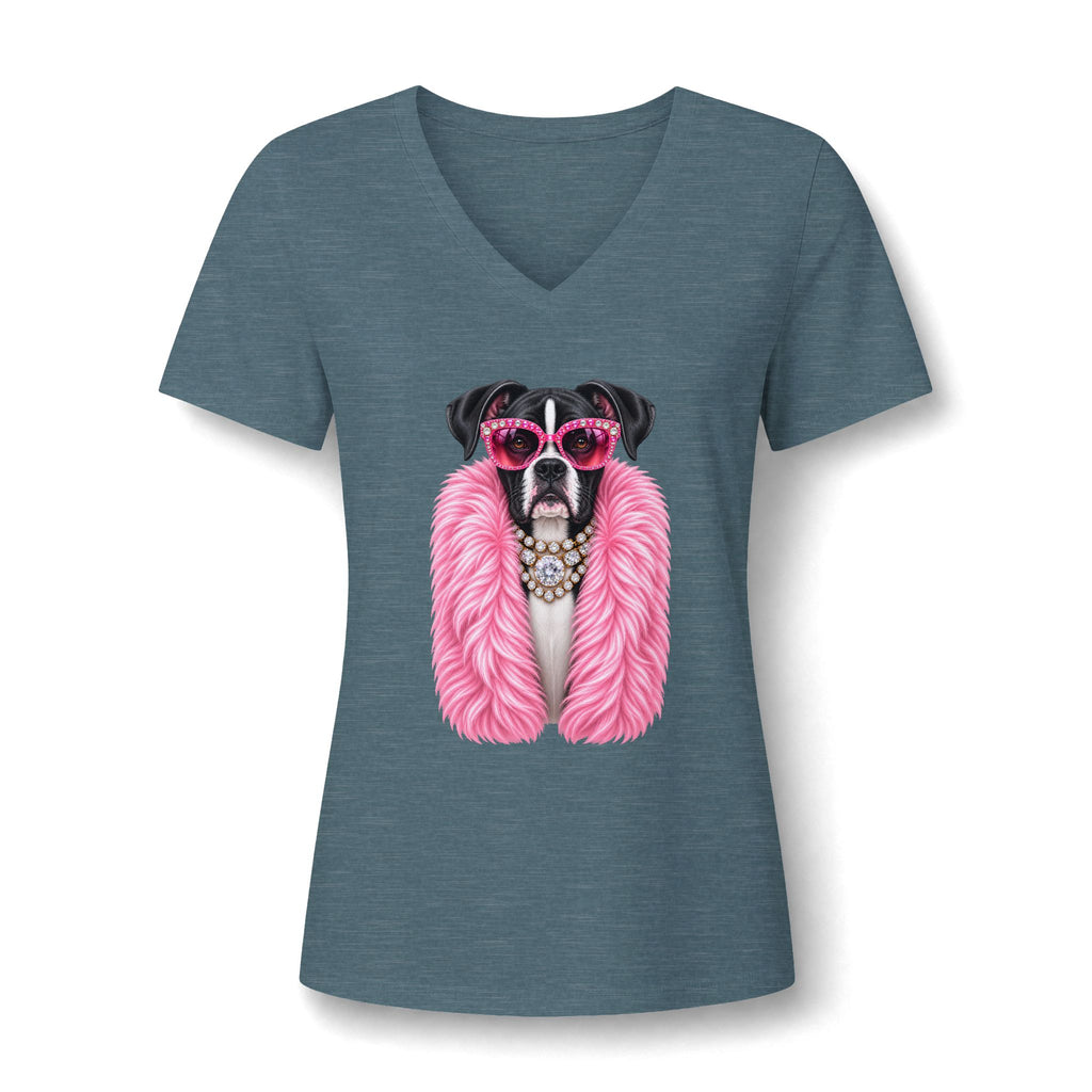 Women's V-Neck Tee — Glam Boxer Dog Graphic (Pink Fur & Sunglasses)