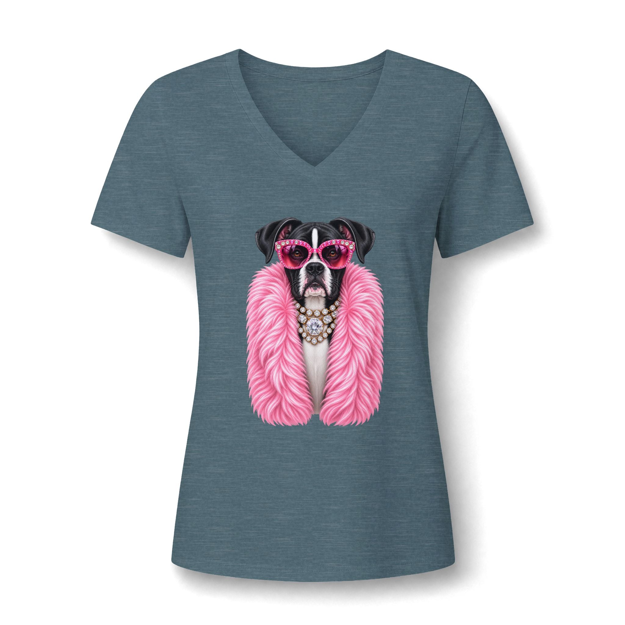 Women's V-Neck Tee — Glam Boxer Dog Graphic (Pink Fur & Sunglasses)