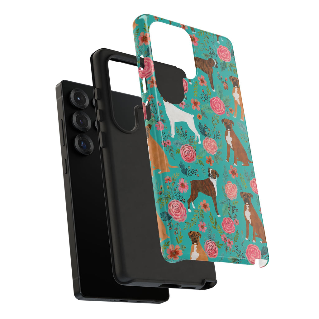 Boxer Dog Floral Phone Case — Teal Patterned Tough Cases
