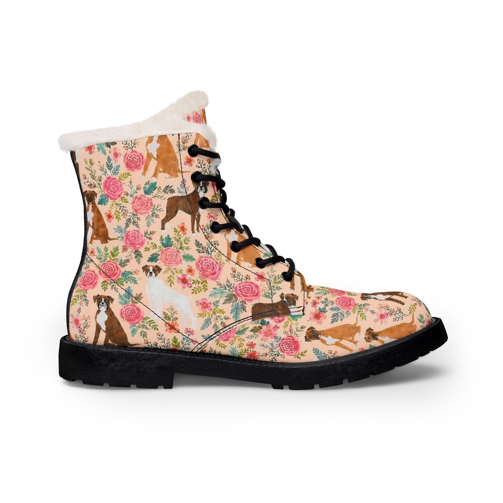 Floral Boxer Dog Fur-Lined Leather Boots — Men's Cozy Winter Combat Style