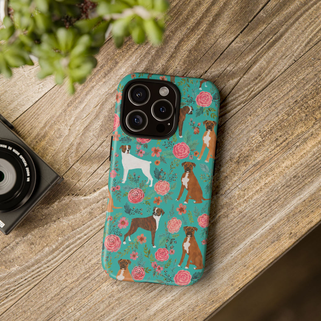 Boxer Dog Floral Phone Case — Teal Patterned Tough Cases