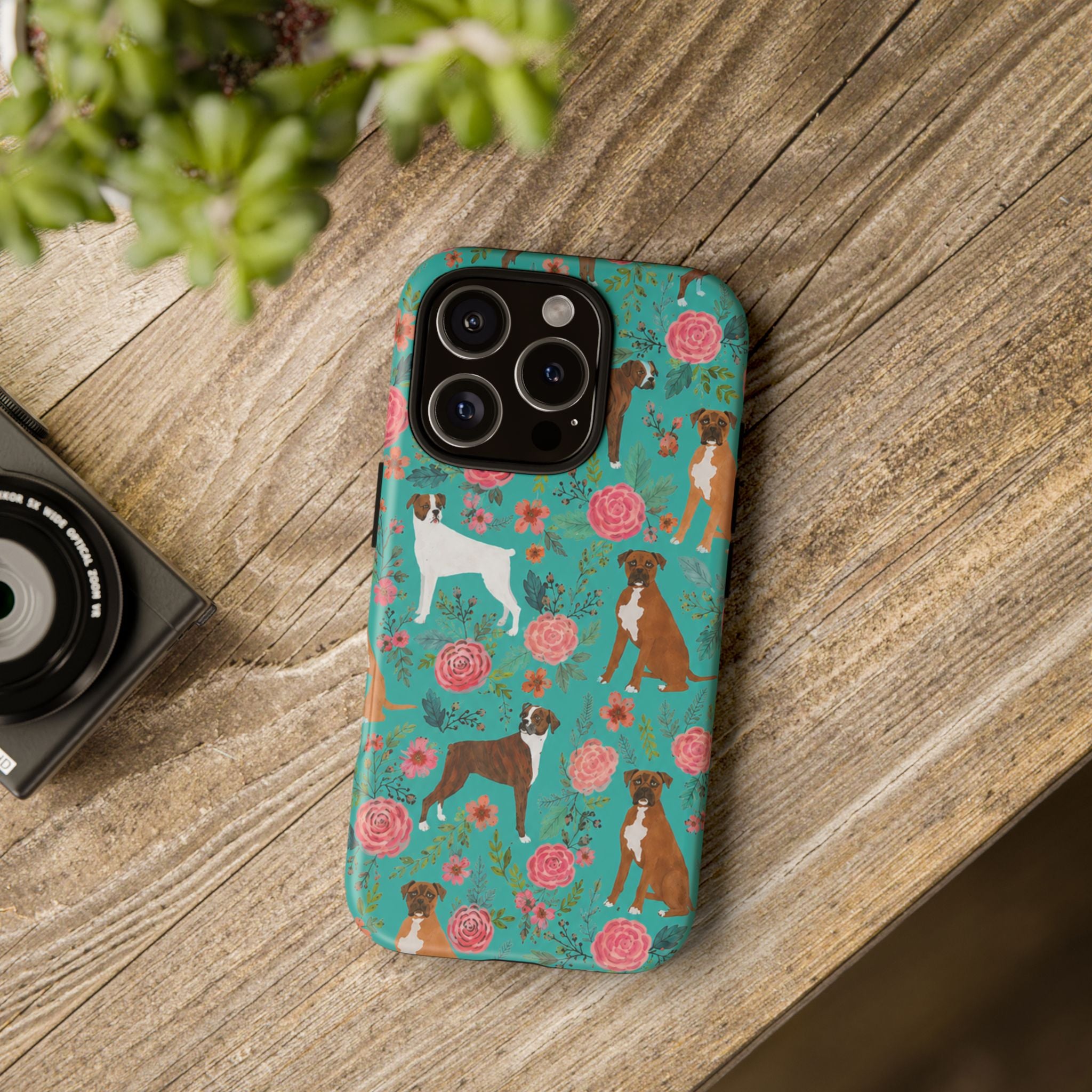 Boxer Dog Floral Phone Case — Teal Patterned Tough Cases