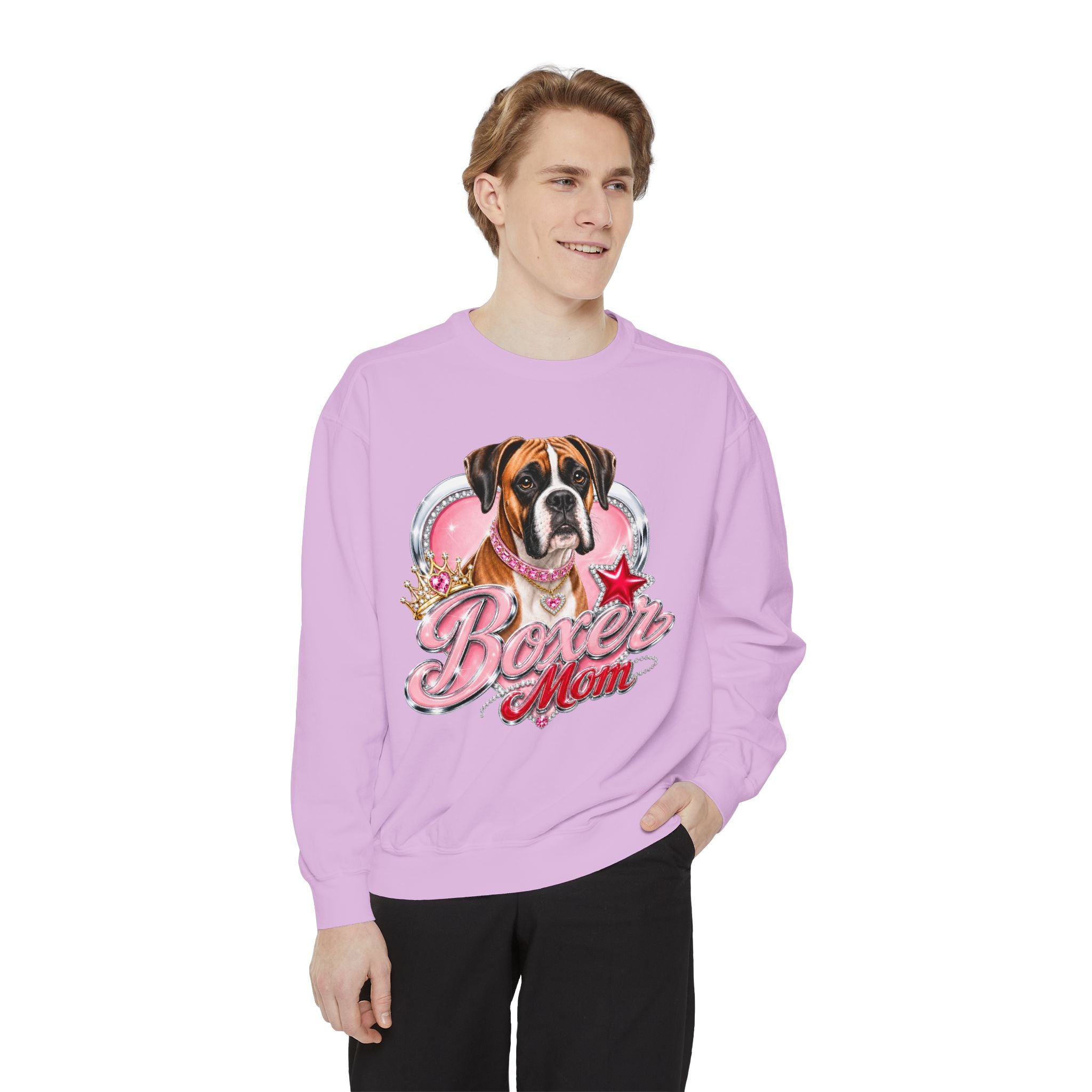 Boxer Mom Sweatshirt — Cute Pink Dog Graphic Crewneck