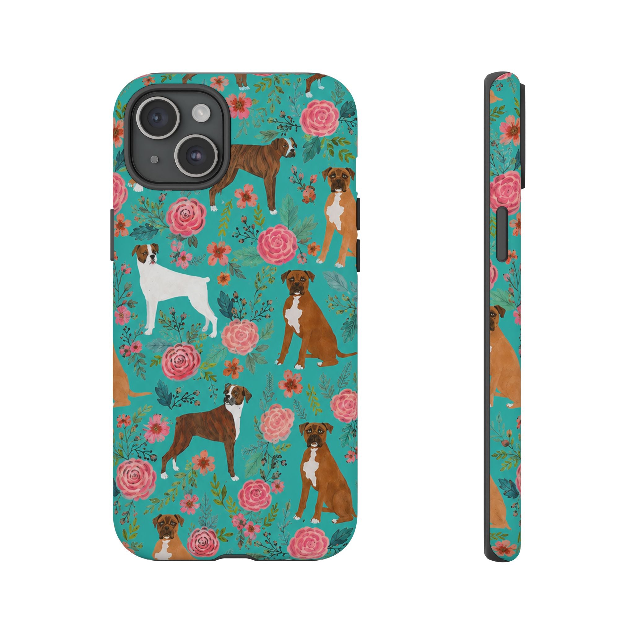 Boxer Dog Floral Phone Case — Teal Patterned Tough Cases