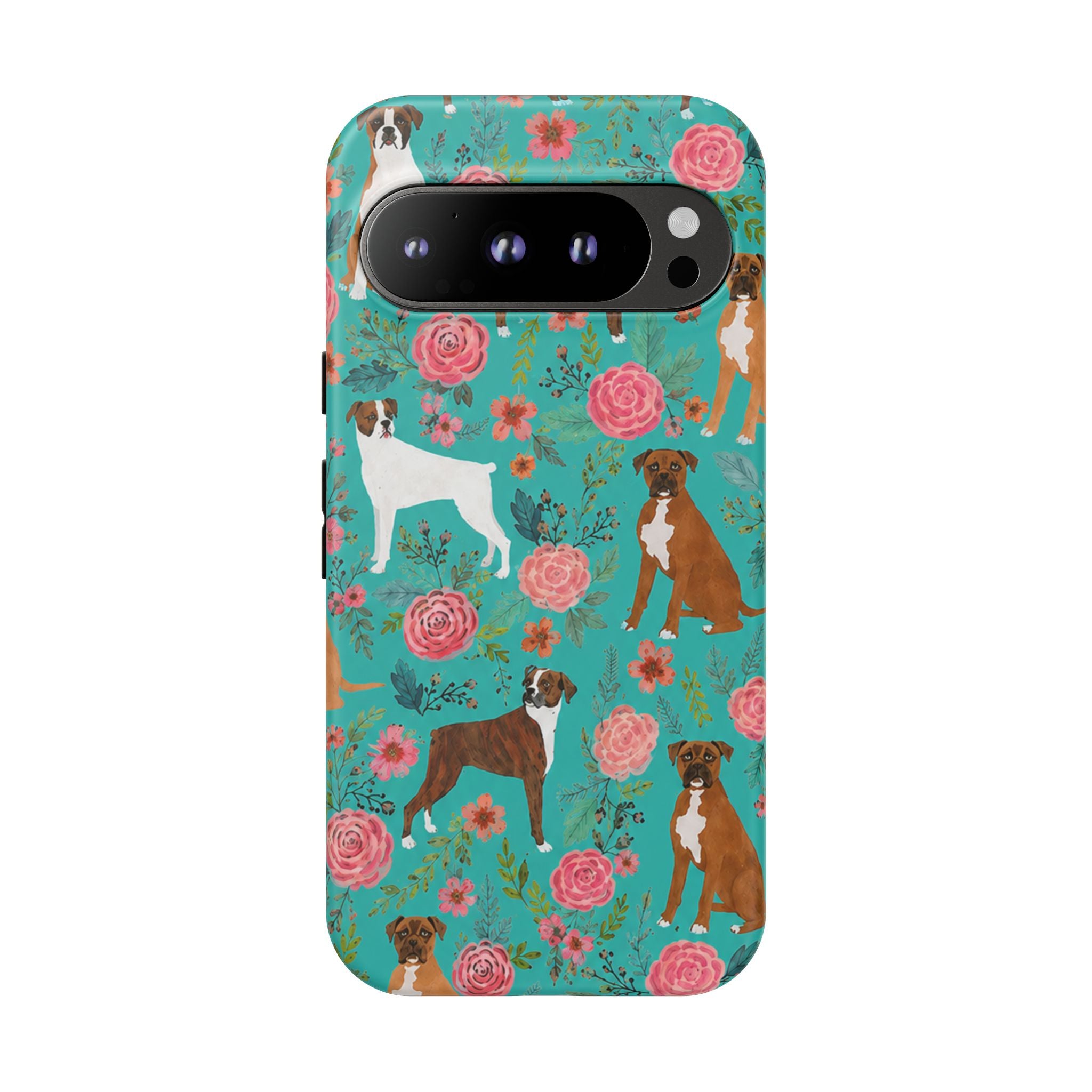 Boxer Dog Floral Phone Case — Teal Patterned Tough Cases