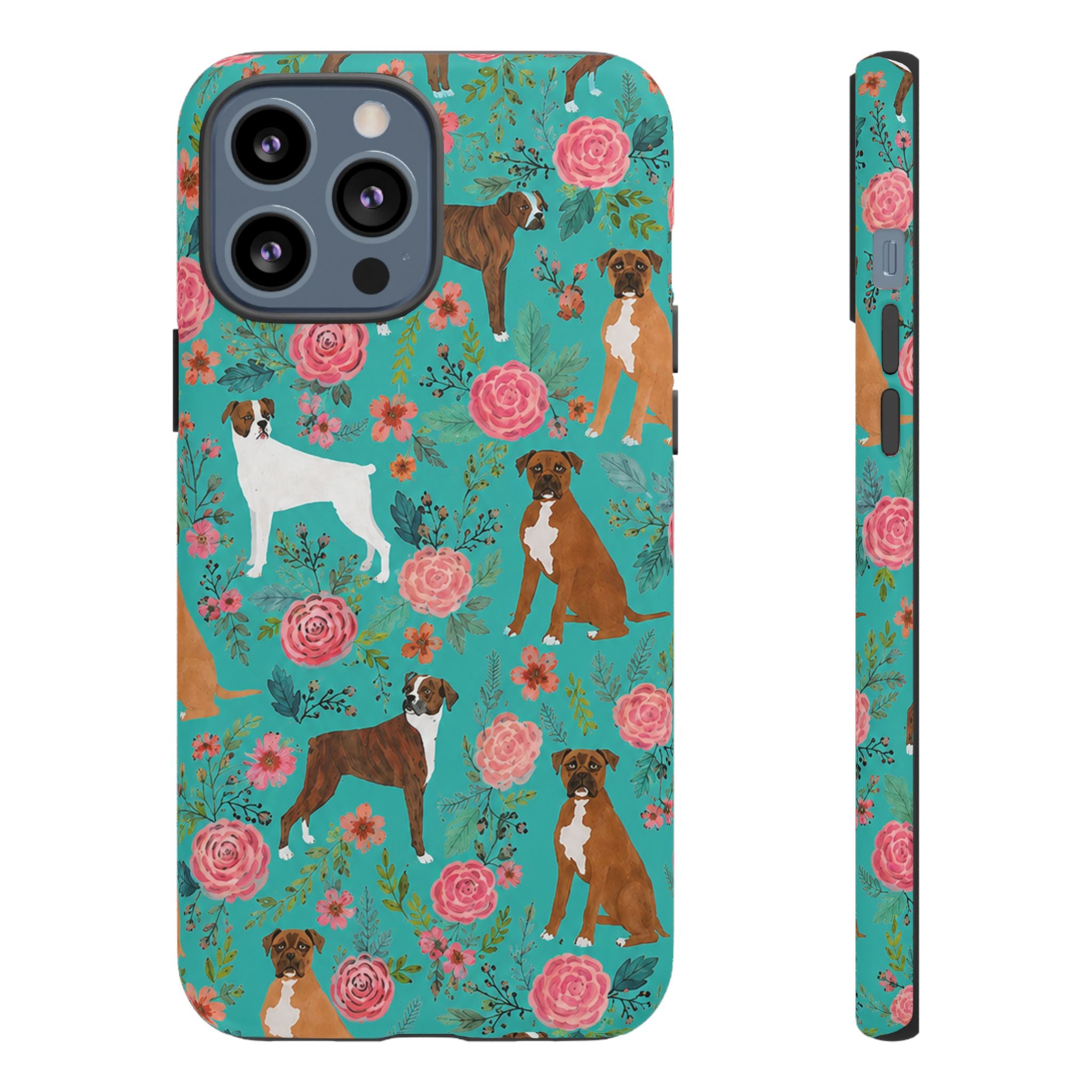 Boxer Dog Floral Phone Case — Teal Patterned Tough Cases