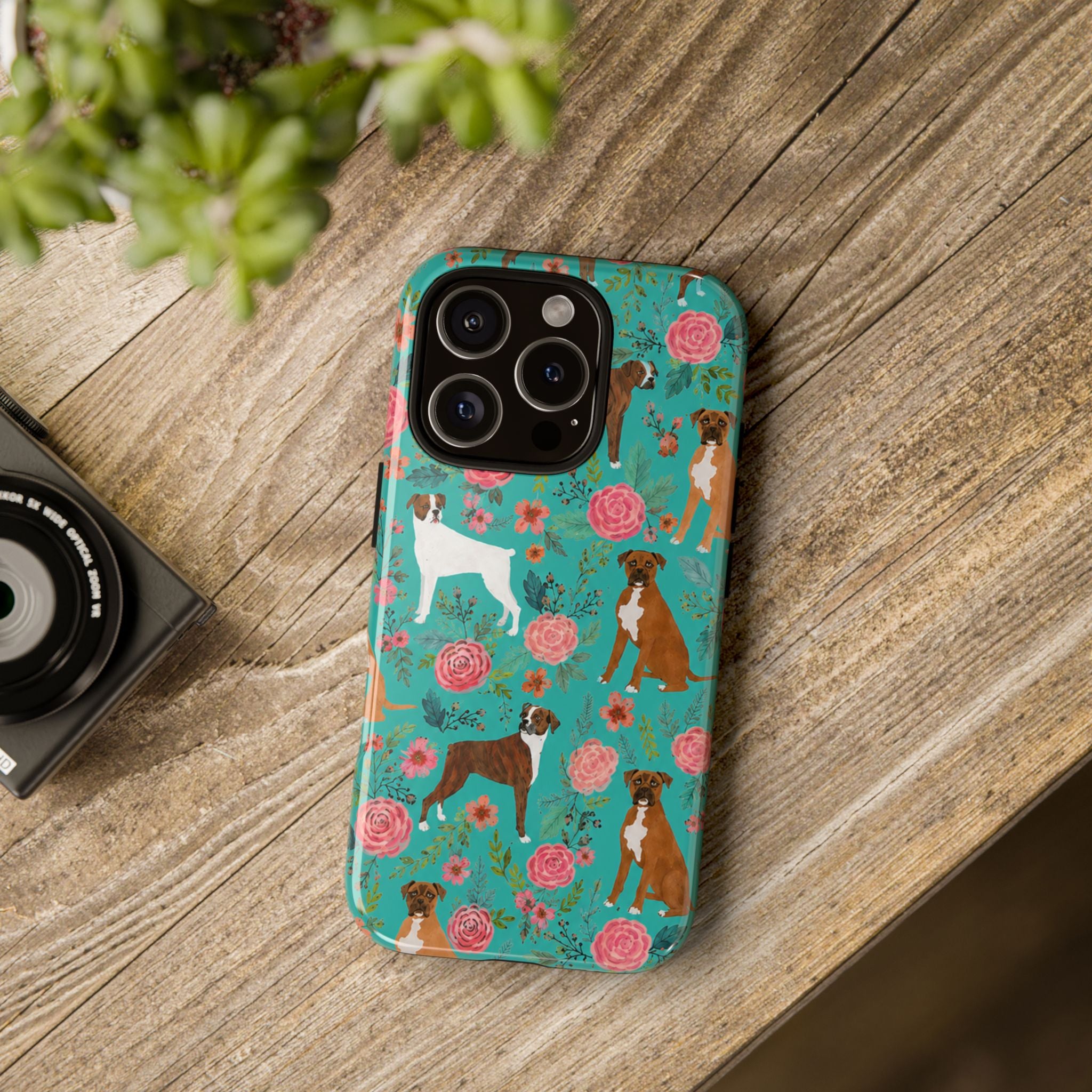Boxer Dog Floral Phone Case — Teal Patterned Tough Cases