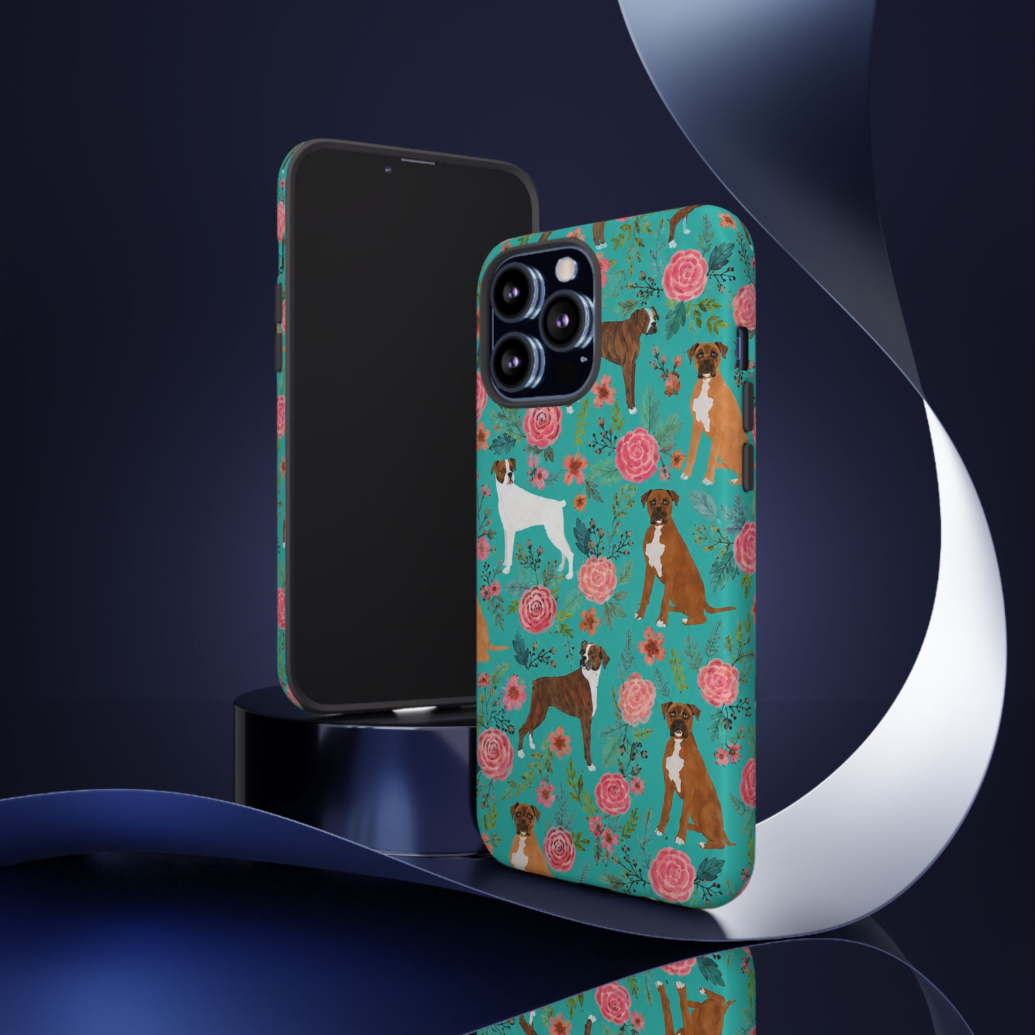 Boxer Dog Floral Phone Case — Teal Patterned Tough Cases