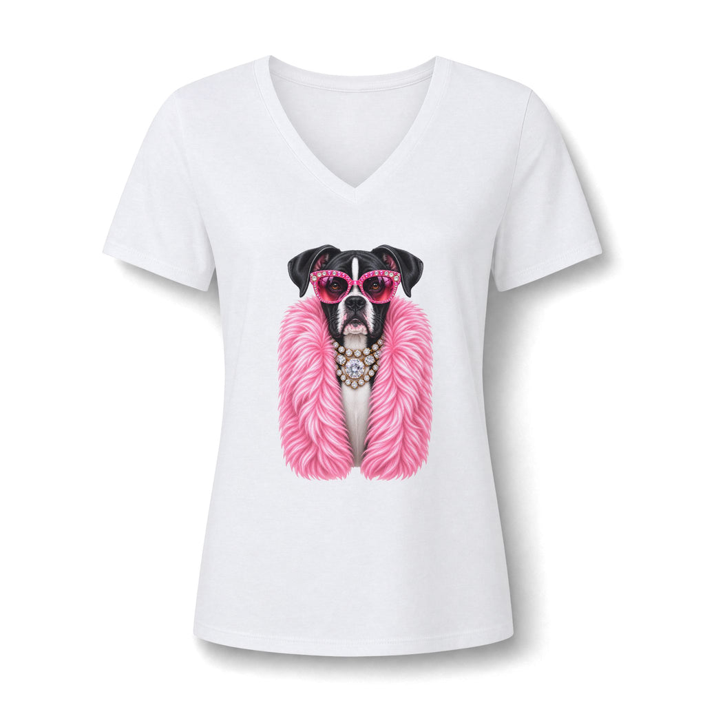 Women's V-Neck Tee — Glam Boxer Dog Graphic (Pink Fur & Sunglasses)