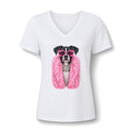 Women's V-Neck Tee — Glam Boxer Dog Graphic (Pink Fur & Sunglasses)