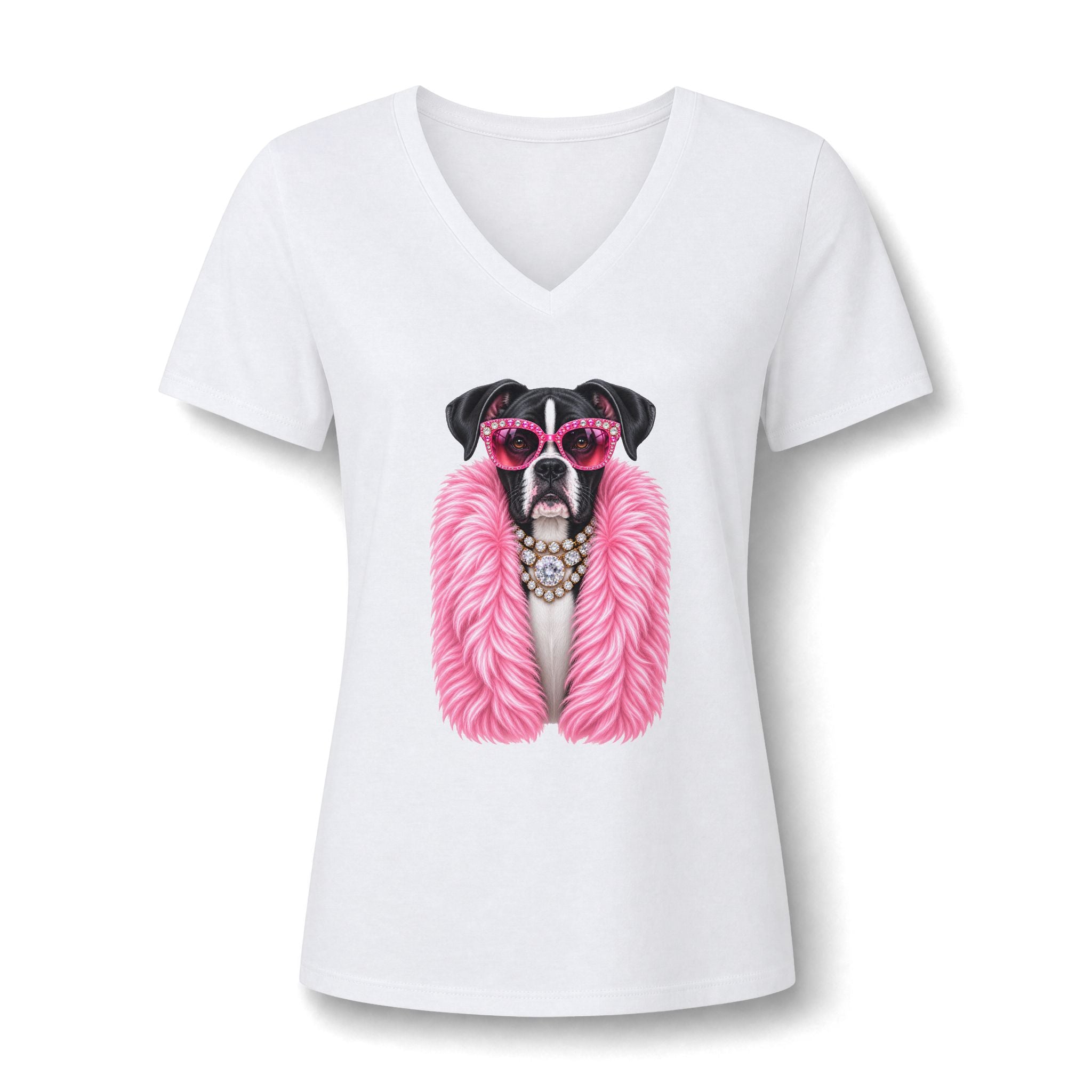 Women's V-Neck Tee — Glam Boxer Dog Graphic (Pink Fur & Sunglasses)