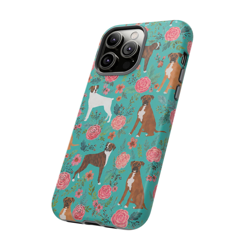 Boxer Dog Floral Phone Case — Teal Patterned Tough Cases