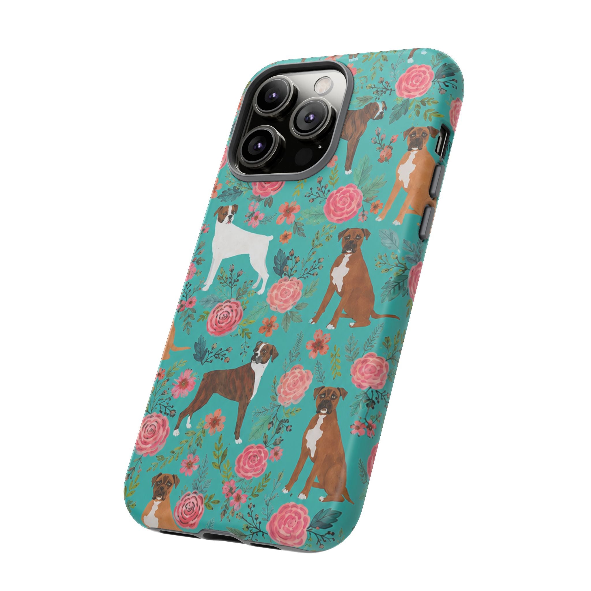 Boxer Dog Floral Phone Case — Teal Patterned Tough Cases