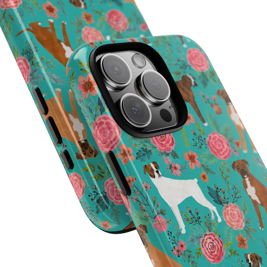Boxer Dog Floral Phone Case — Teal Patterned Tough Cases
