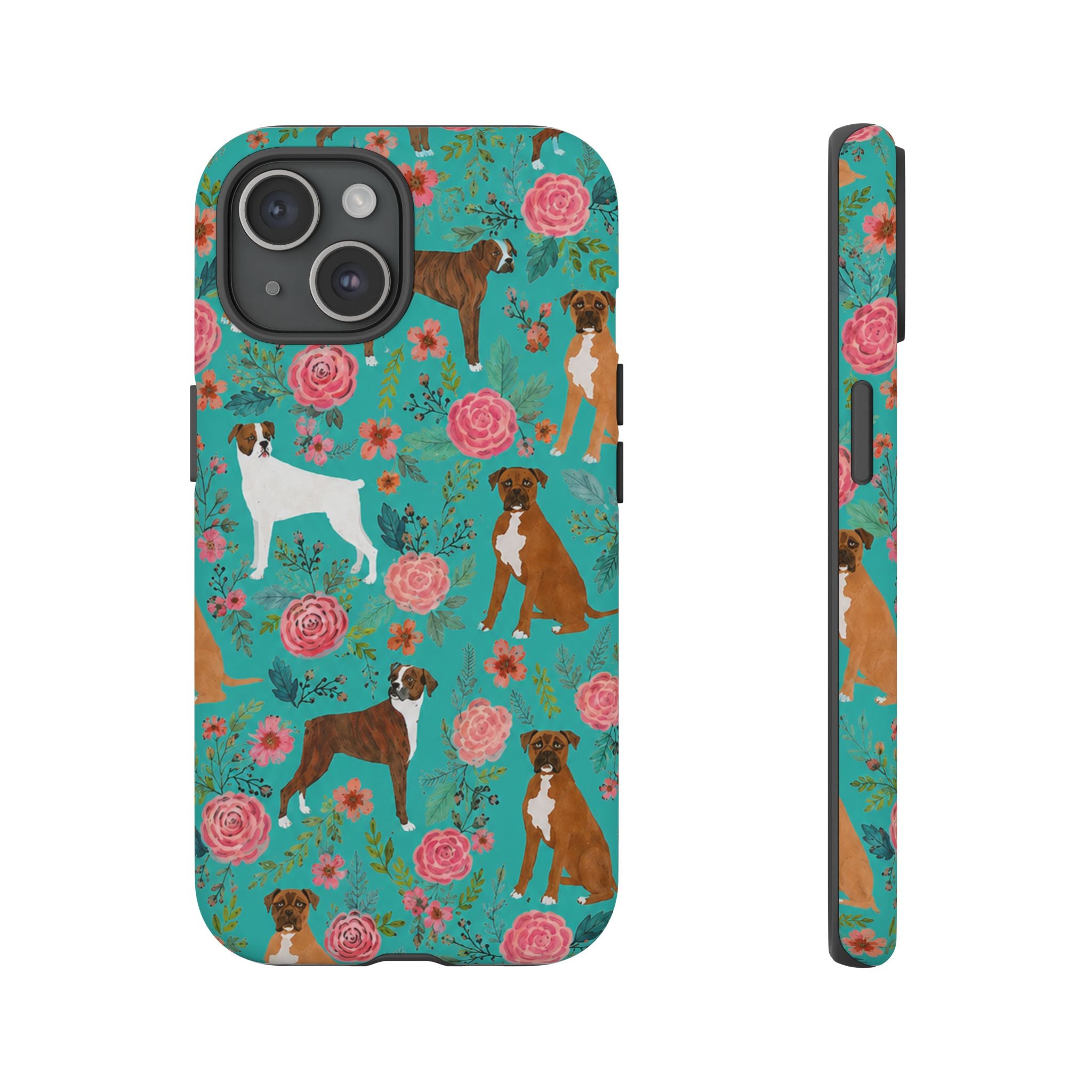 Boxer Dog Floral Phone Case — Teal Patterned Tough Cases