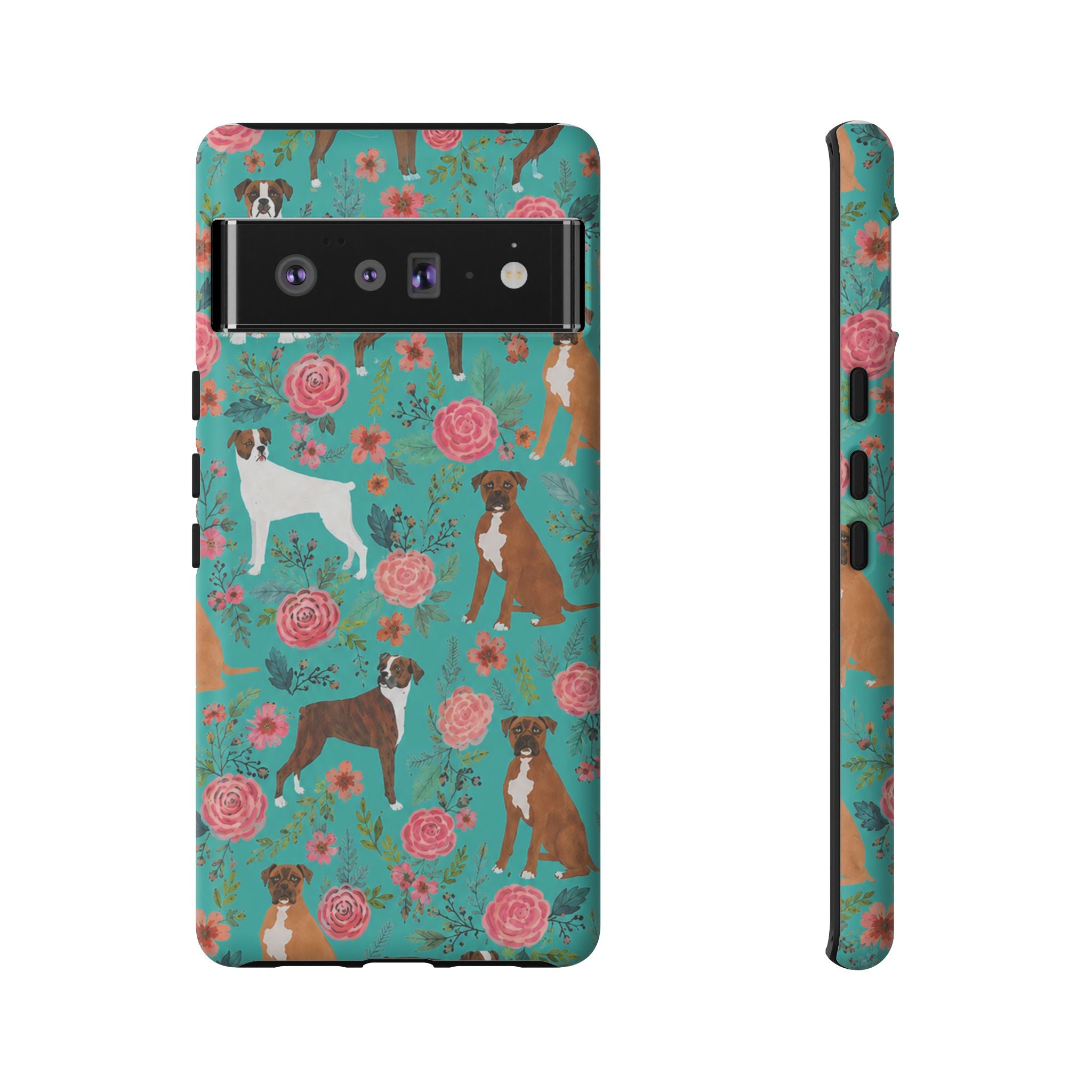 Boxer Dog Floral Phone Case — Teal Patterned Tough Cases