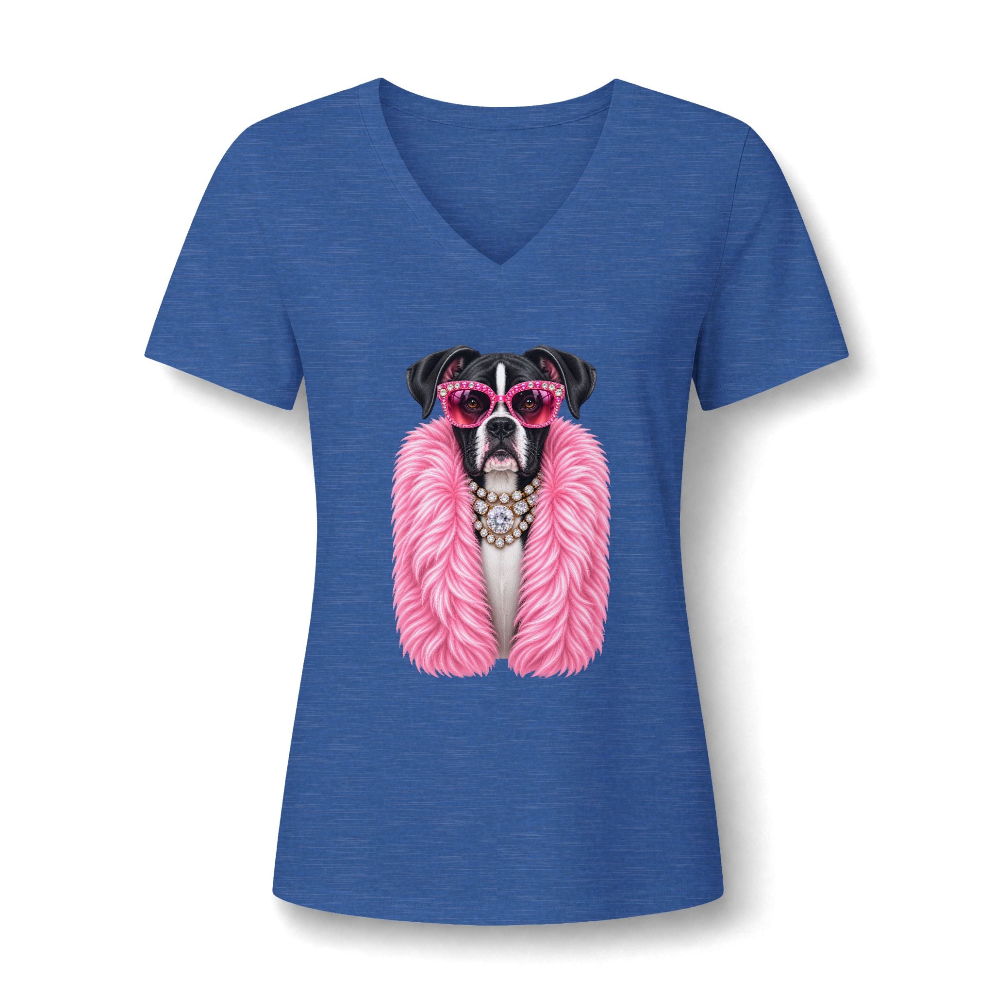 Women's V-Neck Tee — Glam Boxer Dog Graphic (Pink Fur & Sunglasses)