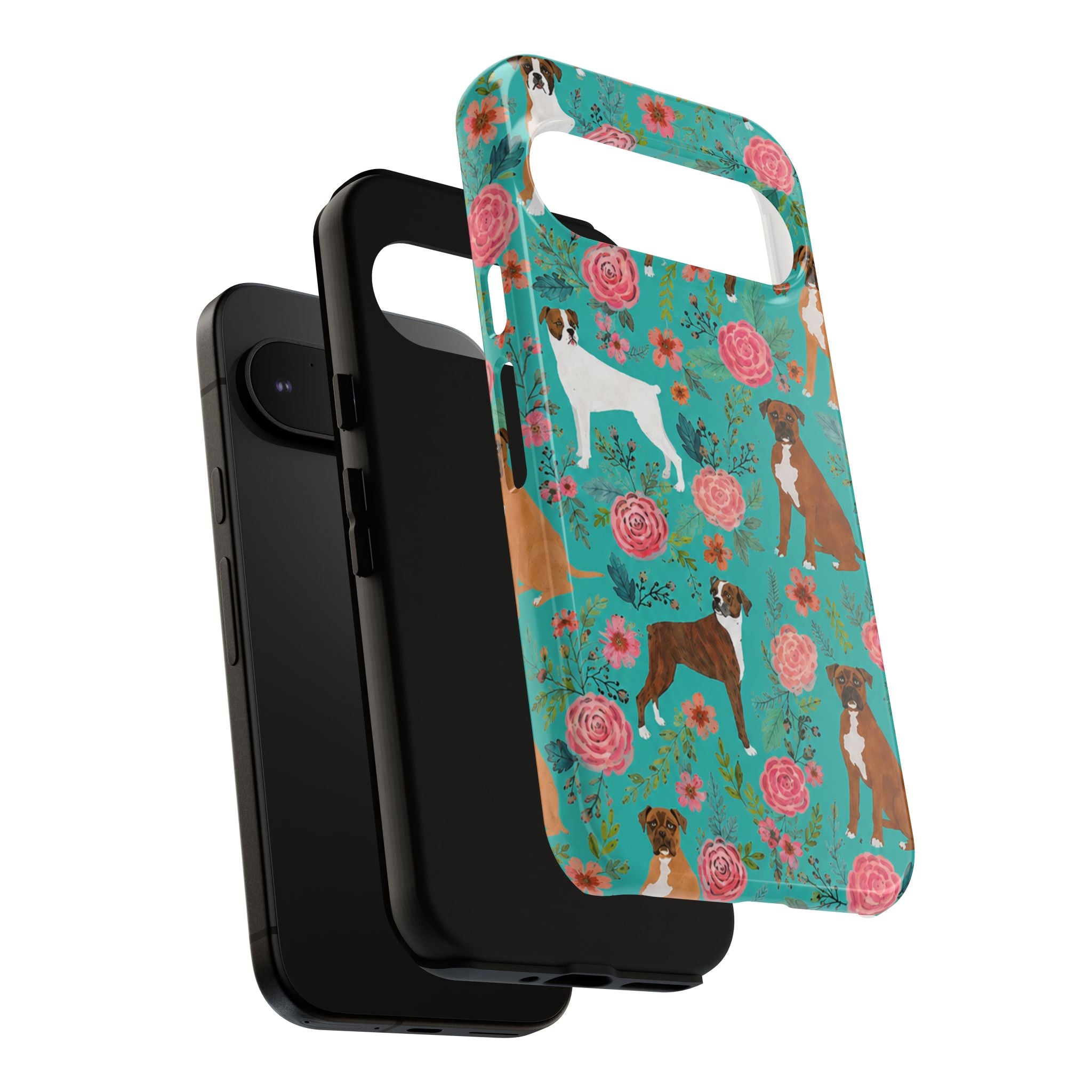Boxer Dog Floral Phone Case — Teal Patterned Tough Cases