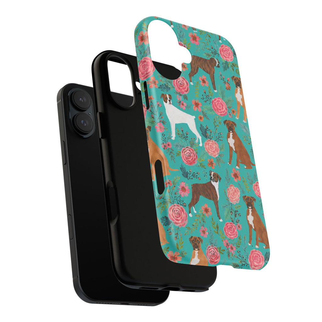 Boxer Dog Floral Phone Case — Teal Patterned Tough Cases