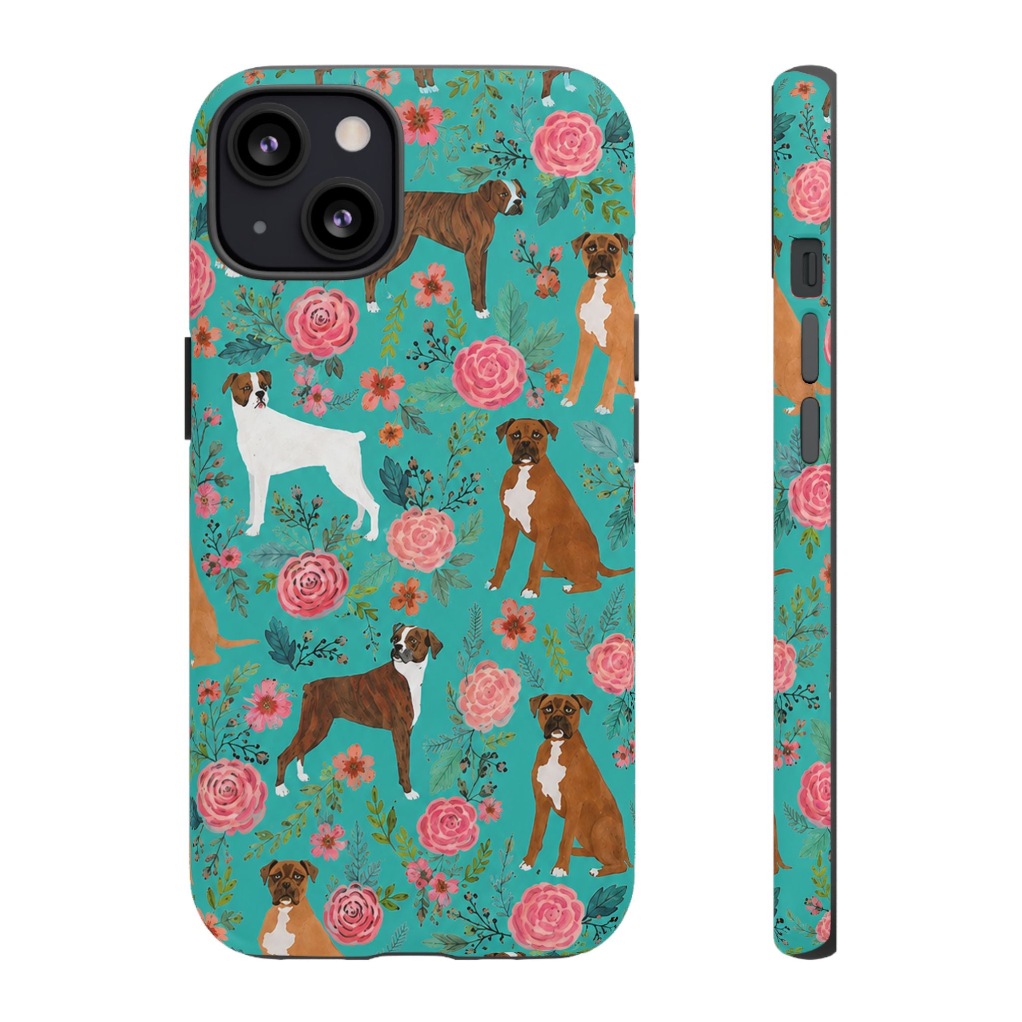Boxer Dog Floral Phone Case — Teal Patterned Tough Cases