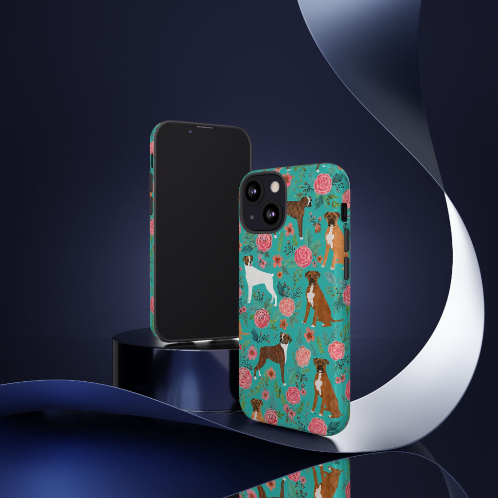 Boxer Dog Floral Phone Case — Teal Patterned Tough Cases