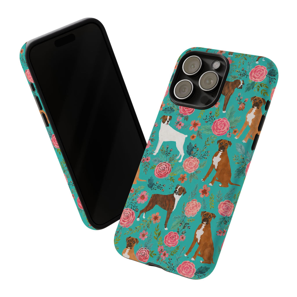 Boxer Dog Floral Phone Case — Teal Patterned Tough Cases