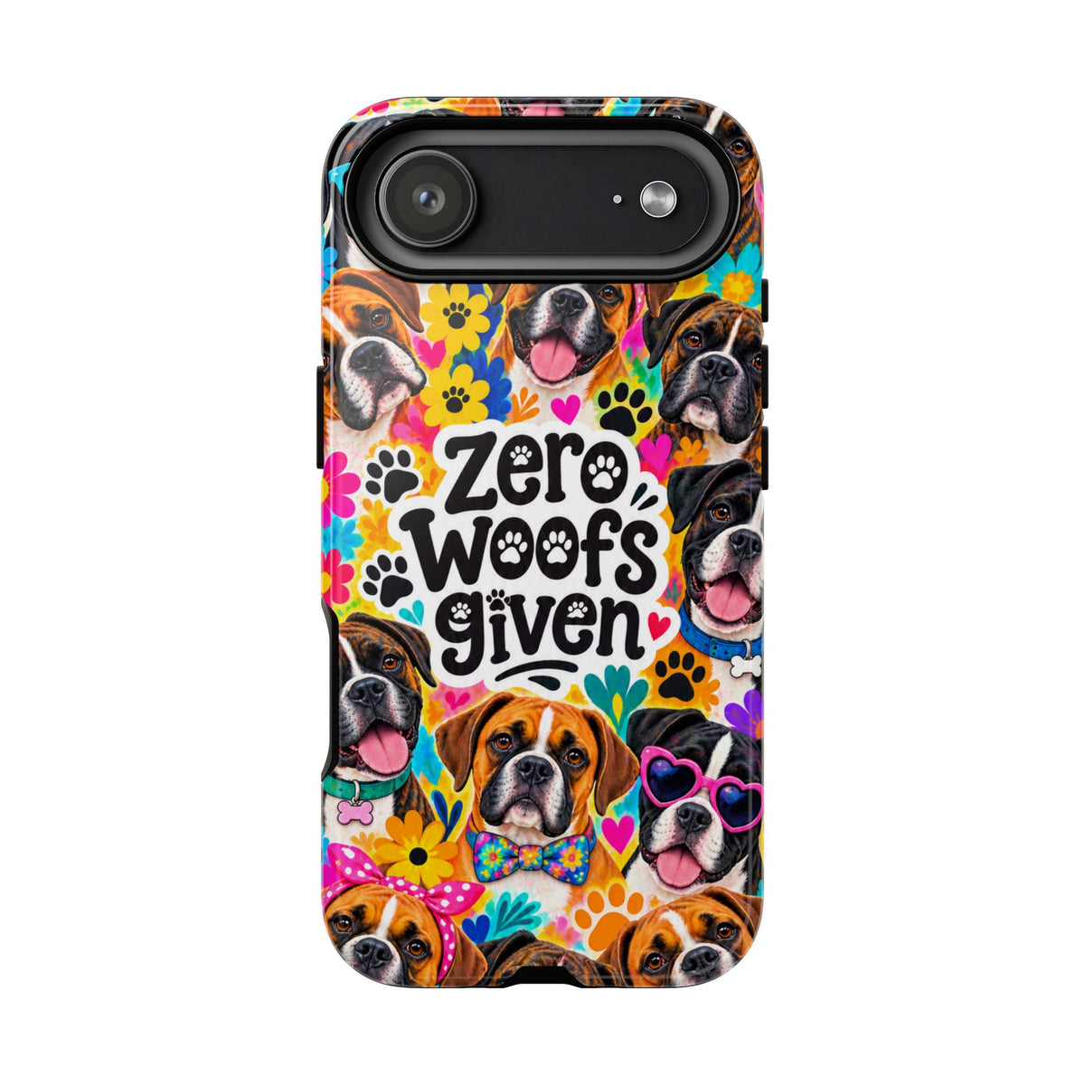 "Zero Woofs Given" Boxer Dog Phone Case — Colorful Paw Print Protective Case