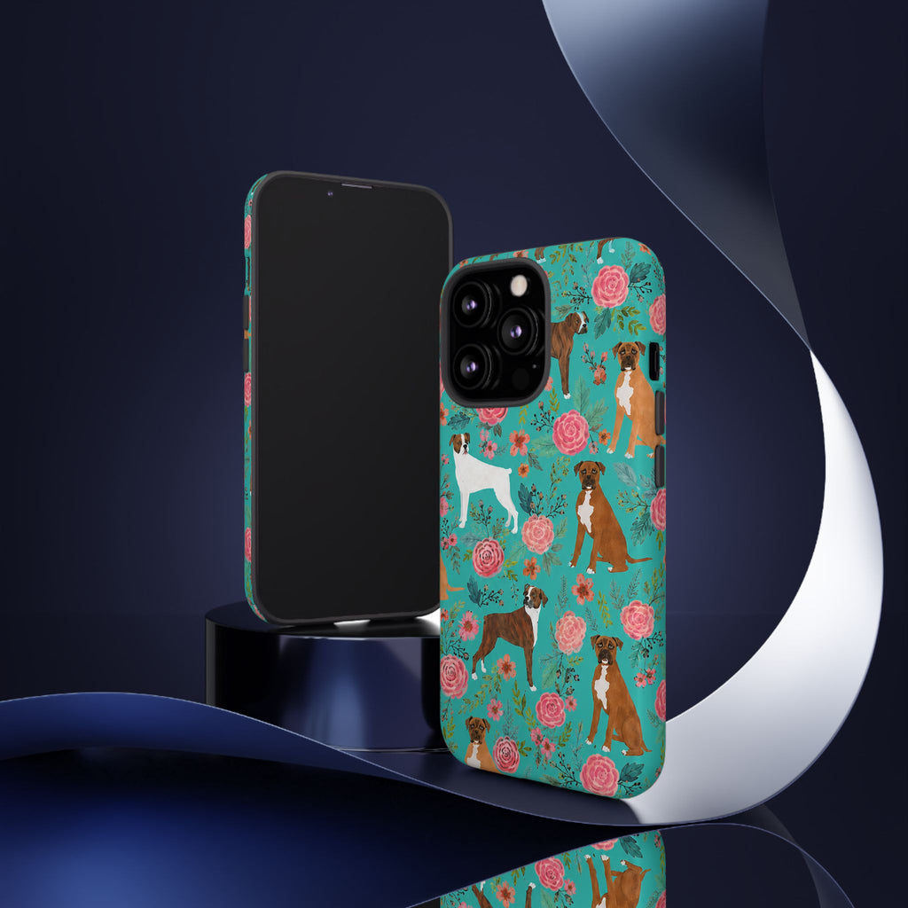 Boxer Dog Floral Phone Case — Teal Patterned Tough Cases
