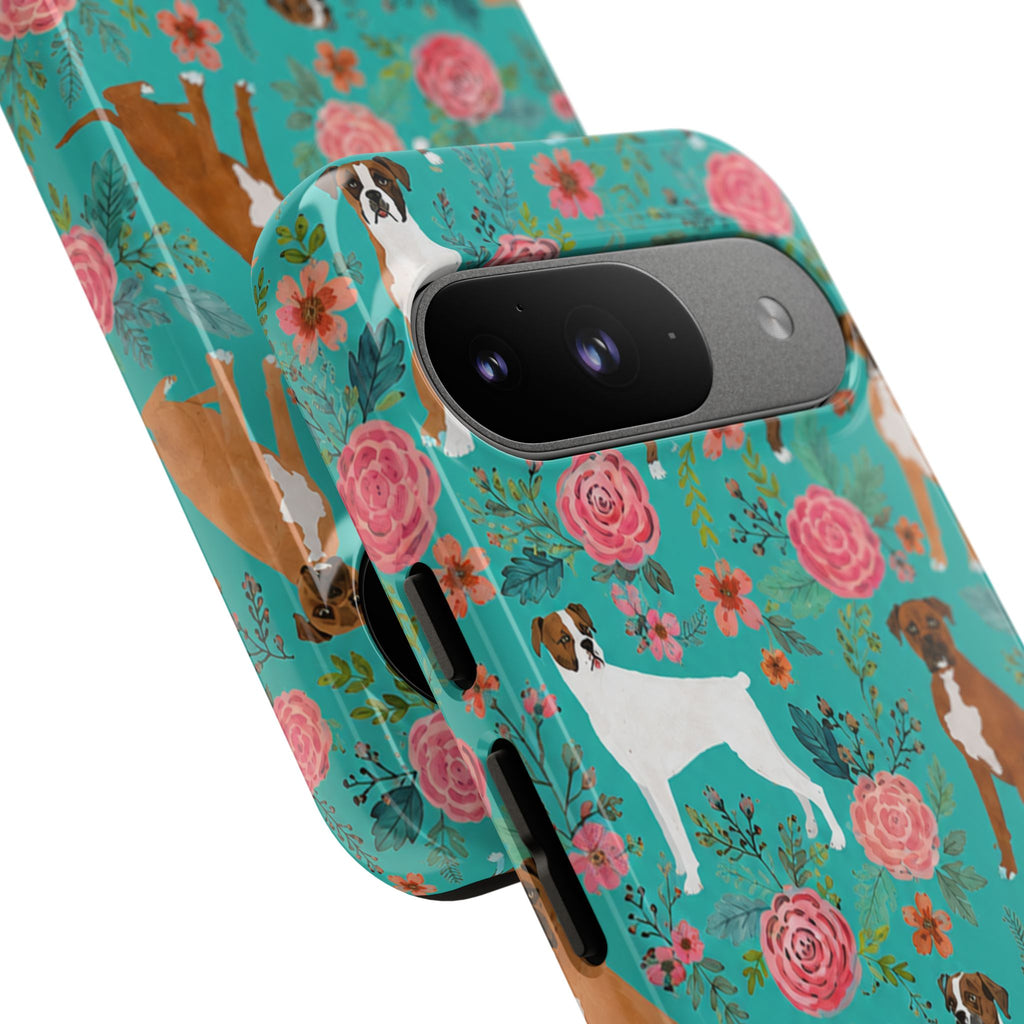 Boxer Dog Floral Phone Case — Teal Patterned Tough Cases