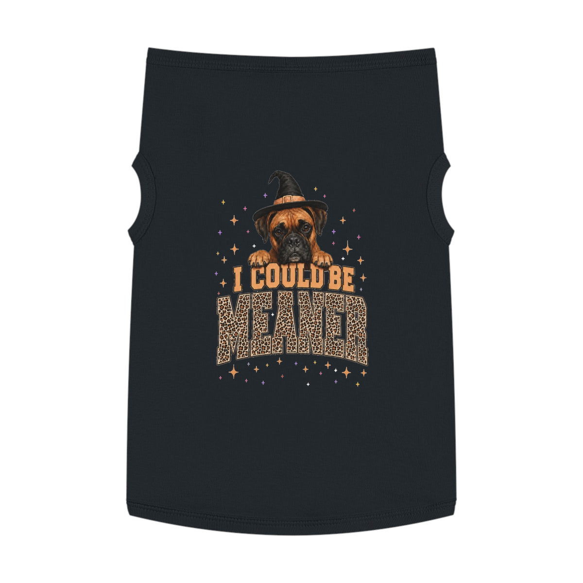 Halloween Dog Tank Top — “I Could Be Mean” Witch Hat & Leopard Print