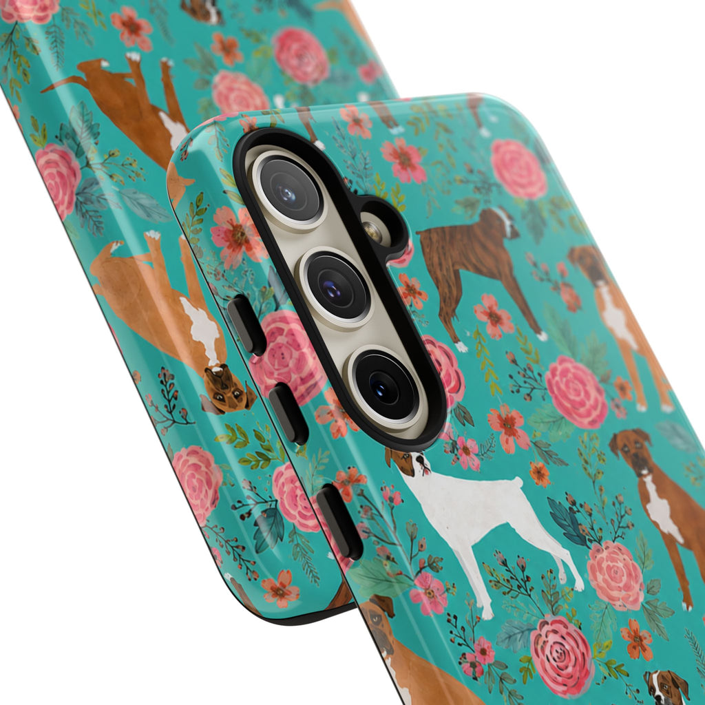 Boxer Dog Floral Phone Case — Teal Patterned Tough Cases