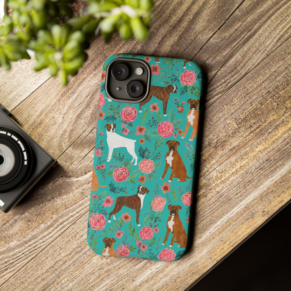 Boxer Dog Floral Phone Case — Teal Patterned Tough Cases