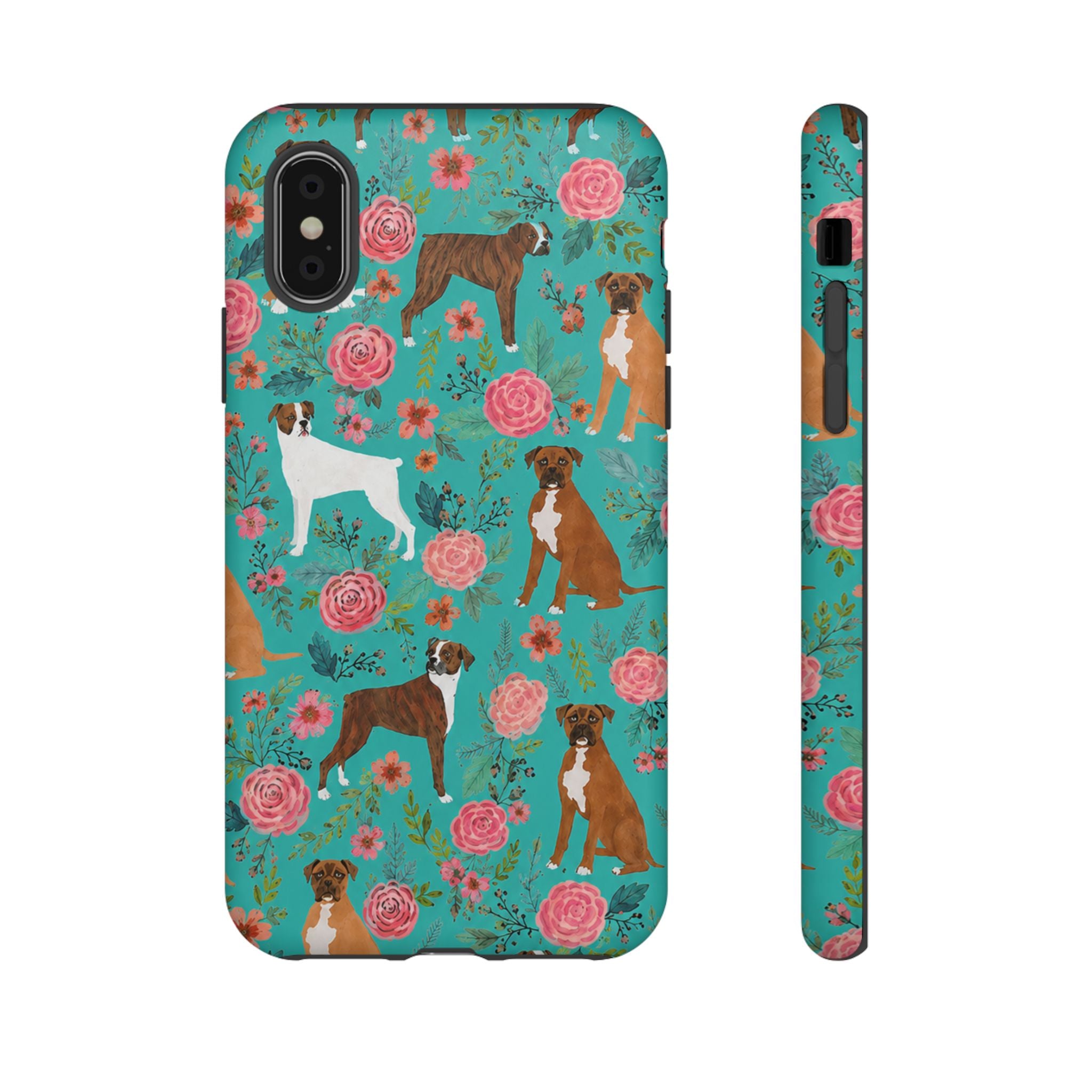 Boxer Dog Floral Phone Case — Teal Patterned Tough Cases