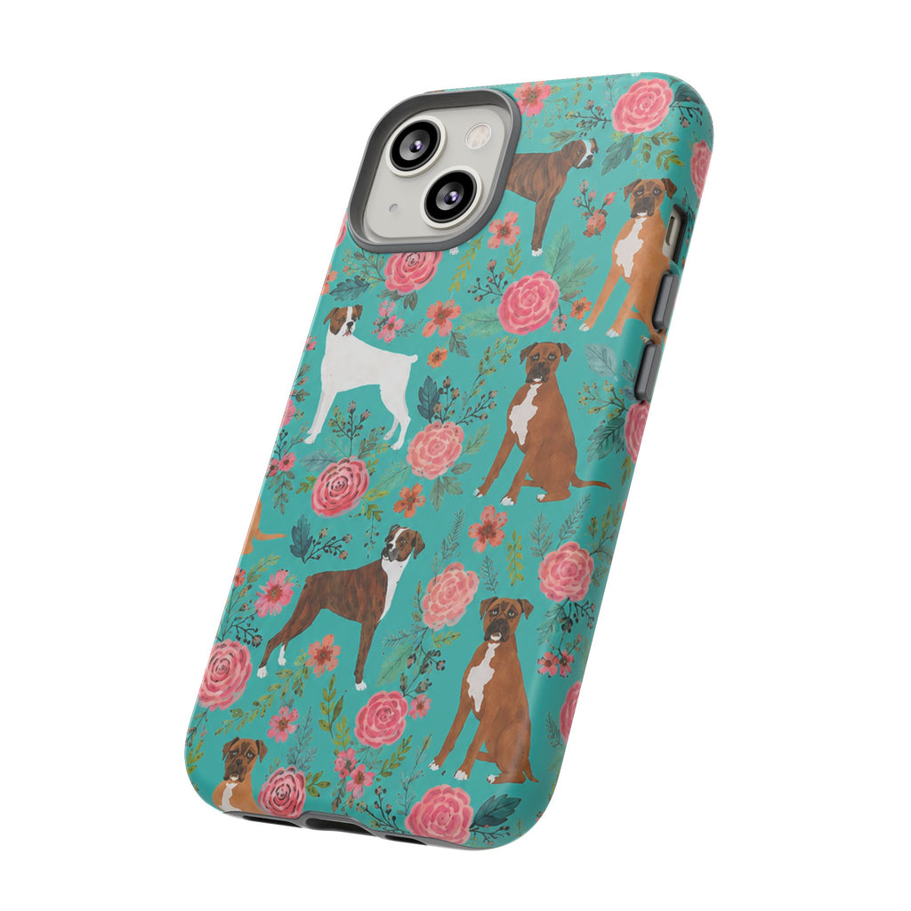 Boxer Dog Floral Phone Case — Teal Patterned Tough Cases