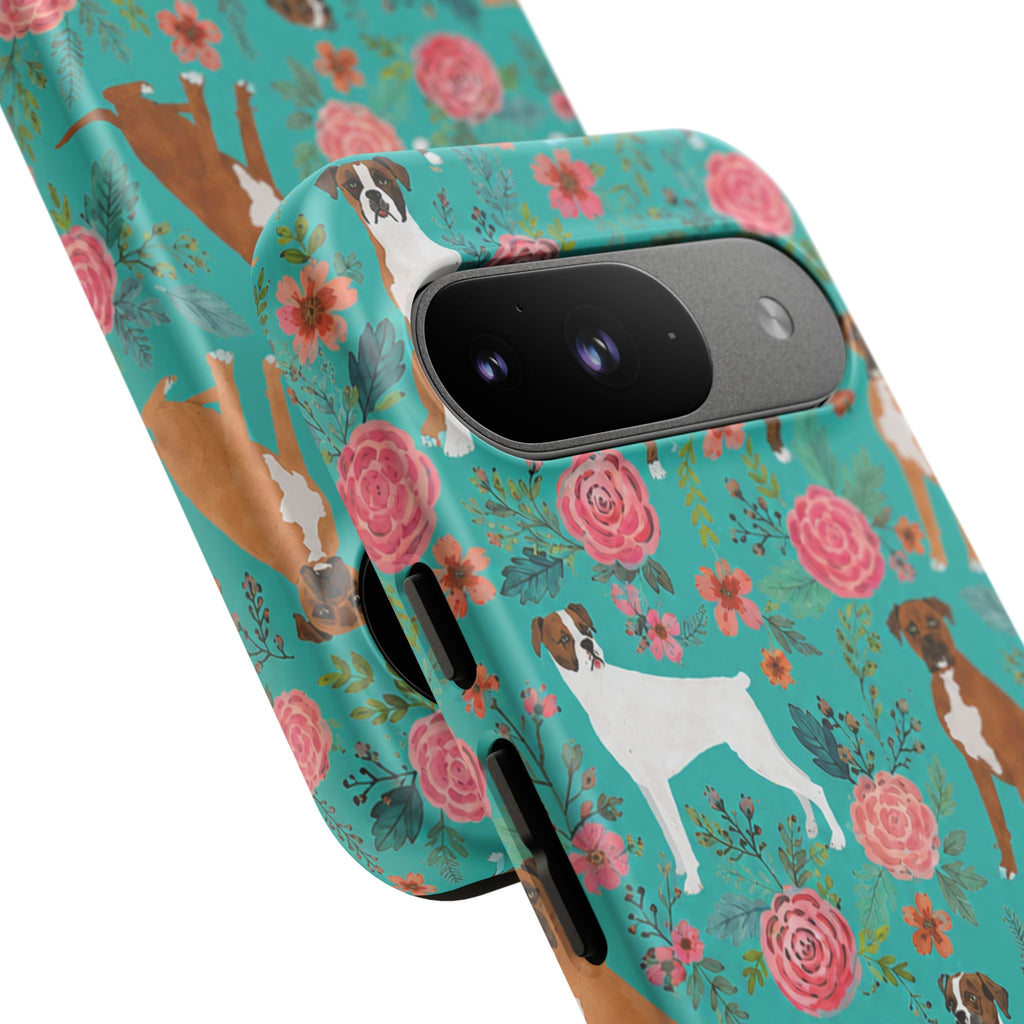 Boxer Dog Floral Phone Case — Teal Patterned Tough Cases