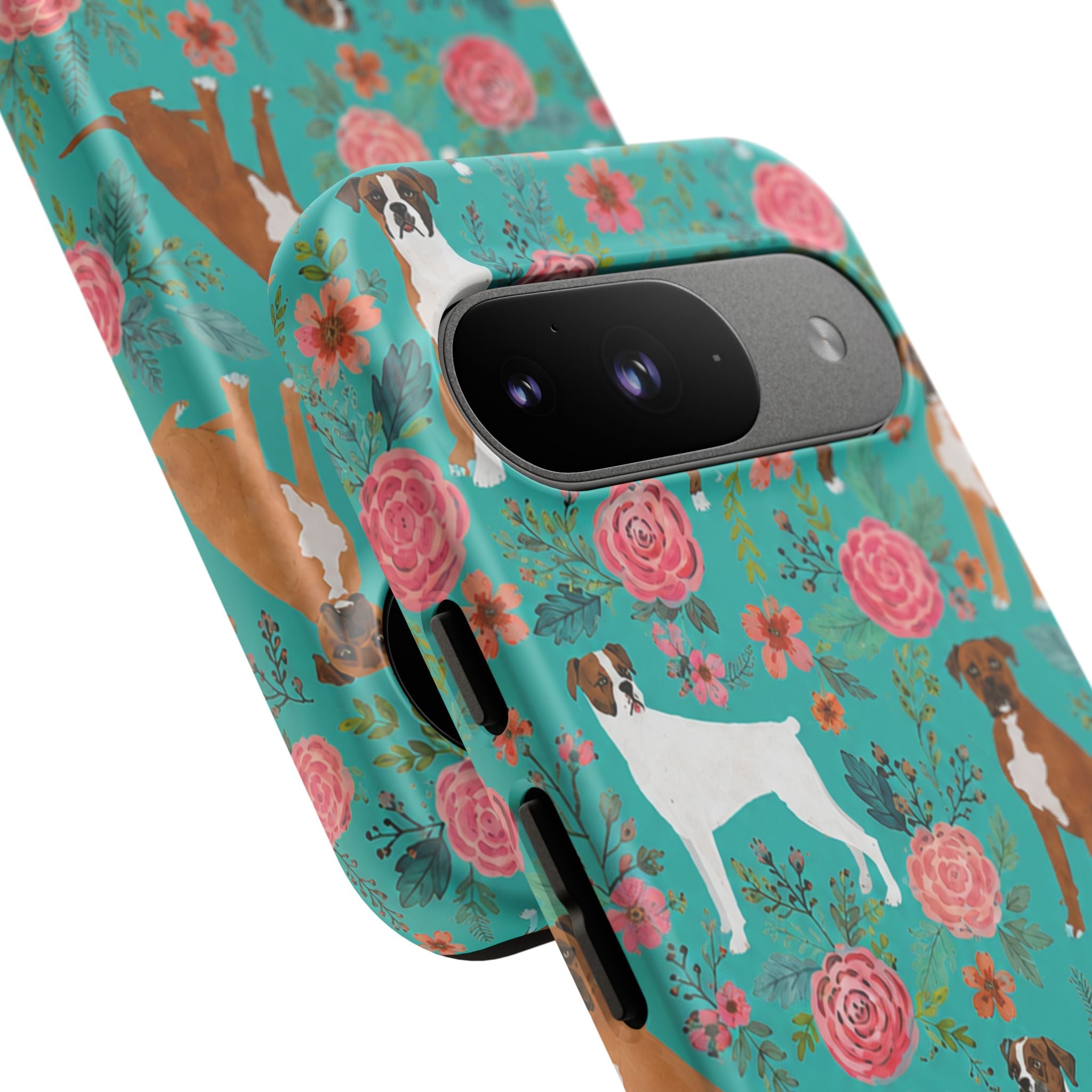 Boxer Dog Floral Phone Case — Teal Patterned Tough Cases