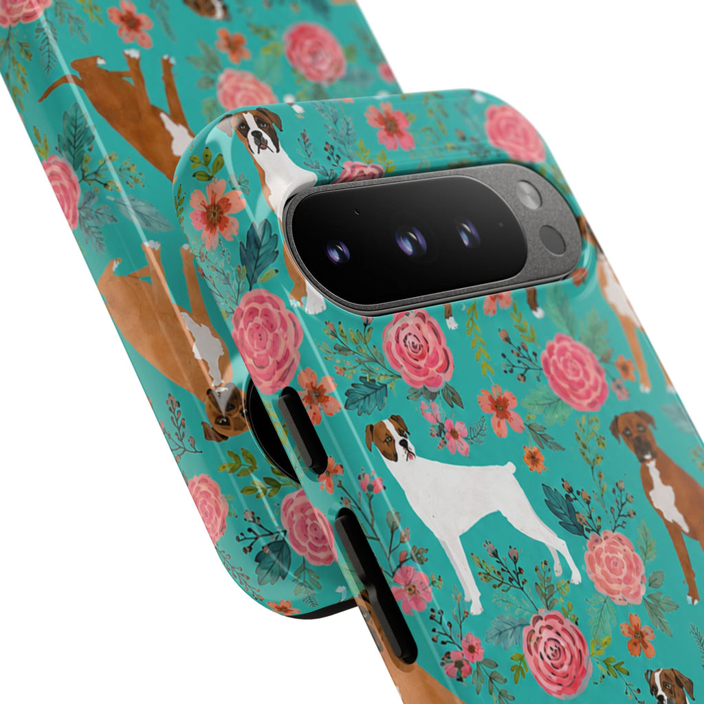 Boxer Dog Floral Phone Case — Teal Patterned Tough Cases