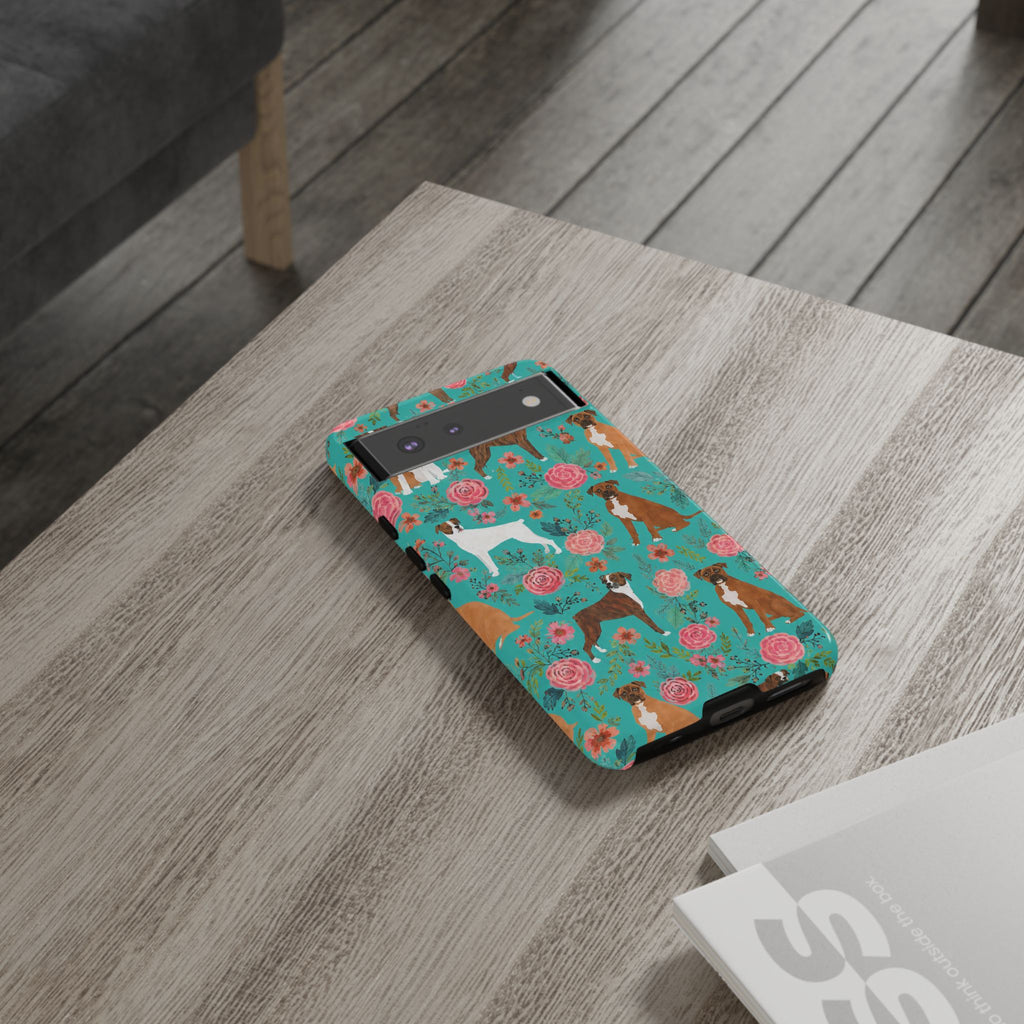 Boxer Dog Floral Phone Case — Teal Patterned Tough Cases