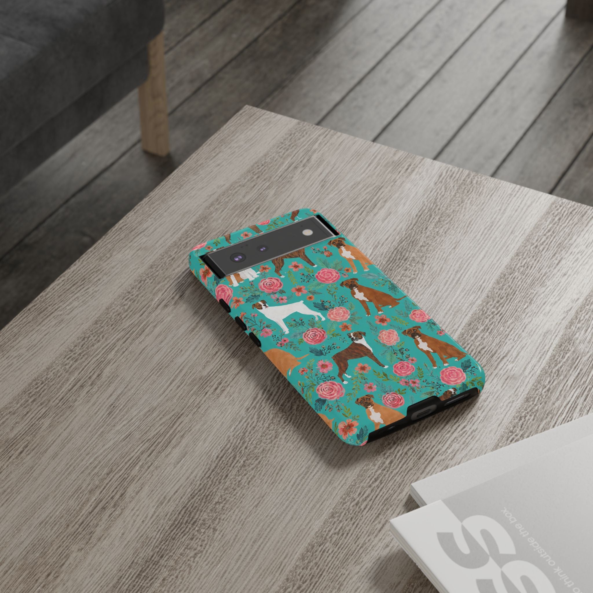 Boxer Dog Floral Phone Case — Teal Patterned Tough Cases
