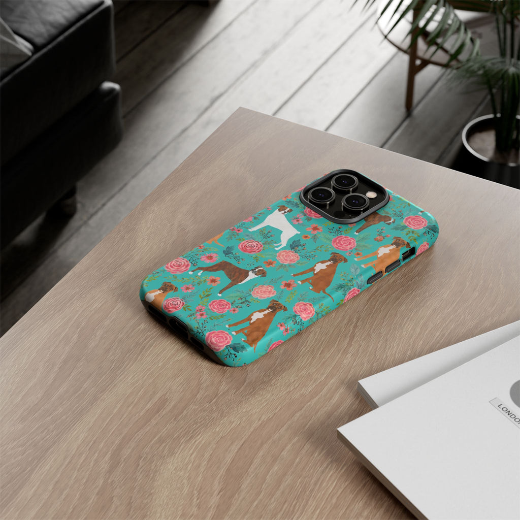 Boxer Dog Floral Phone Case — Teal Patterned Tough Cases