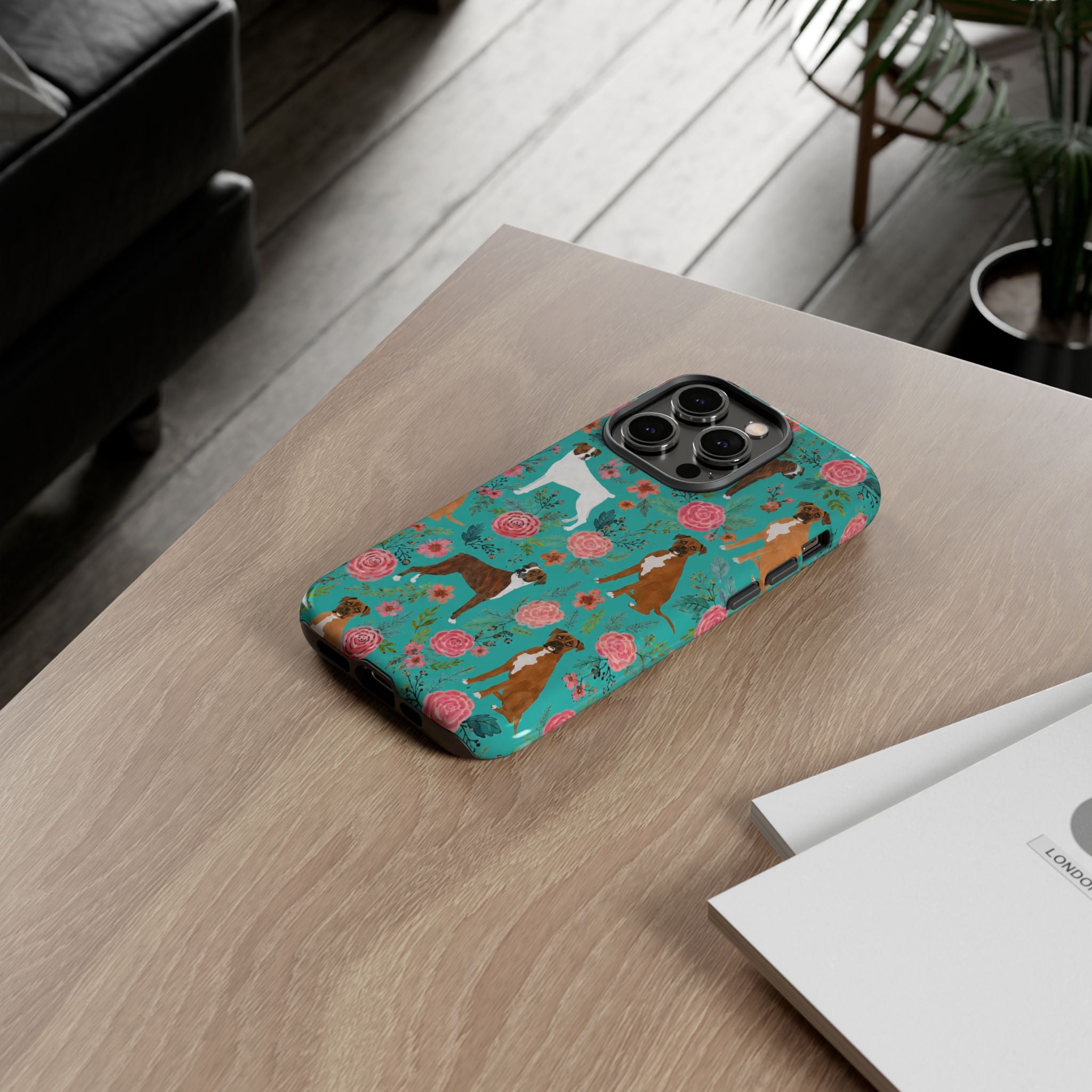 Boxer Dog Floral Phone Case — Teal Patterned Tough Cases