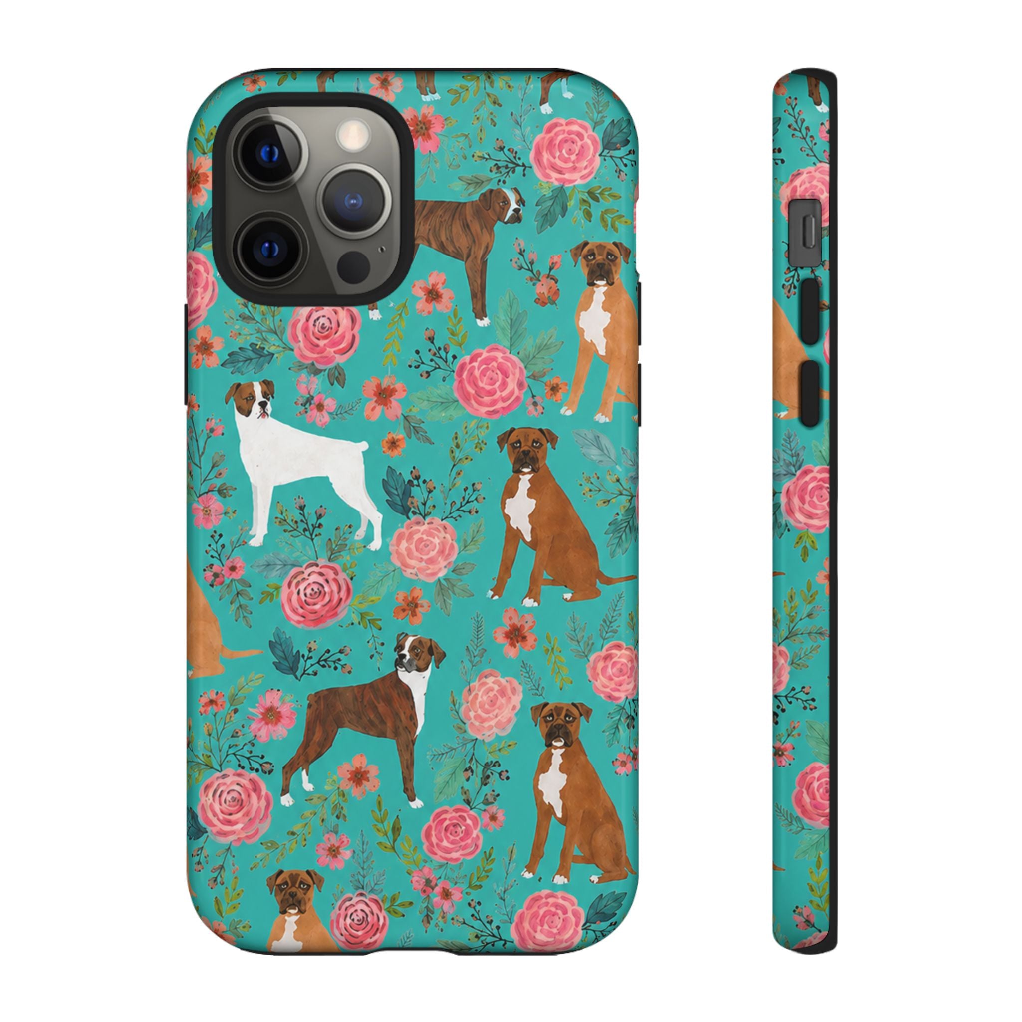 Boxer Dog Floral Phone Case — Teal Patterned Tough Cases