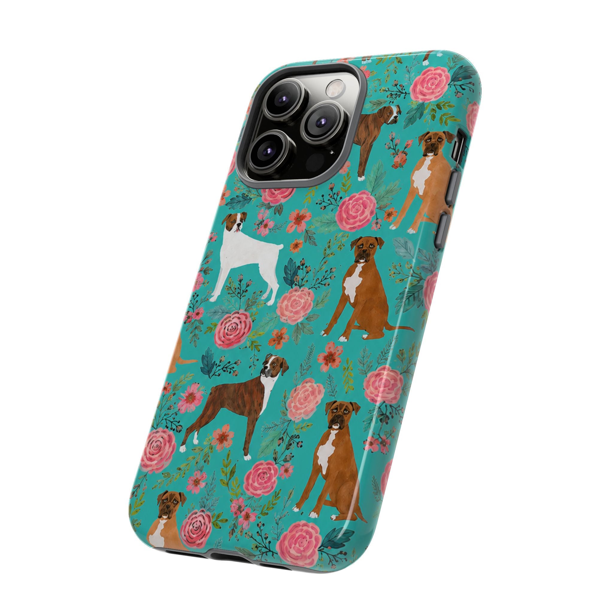 Boxer Dog Floral Phone Case — Teal Patterned Tough Cases