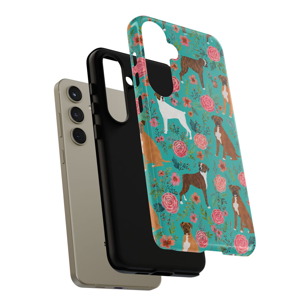 Boxer Dog Floral Phone Case — Teal Patterned Tough Cases