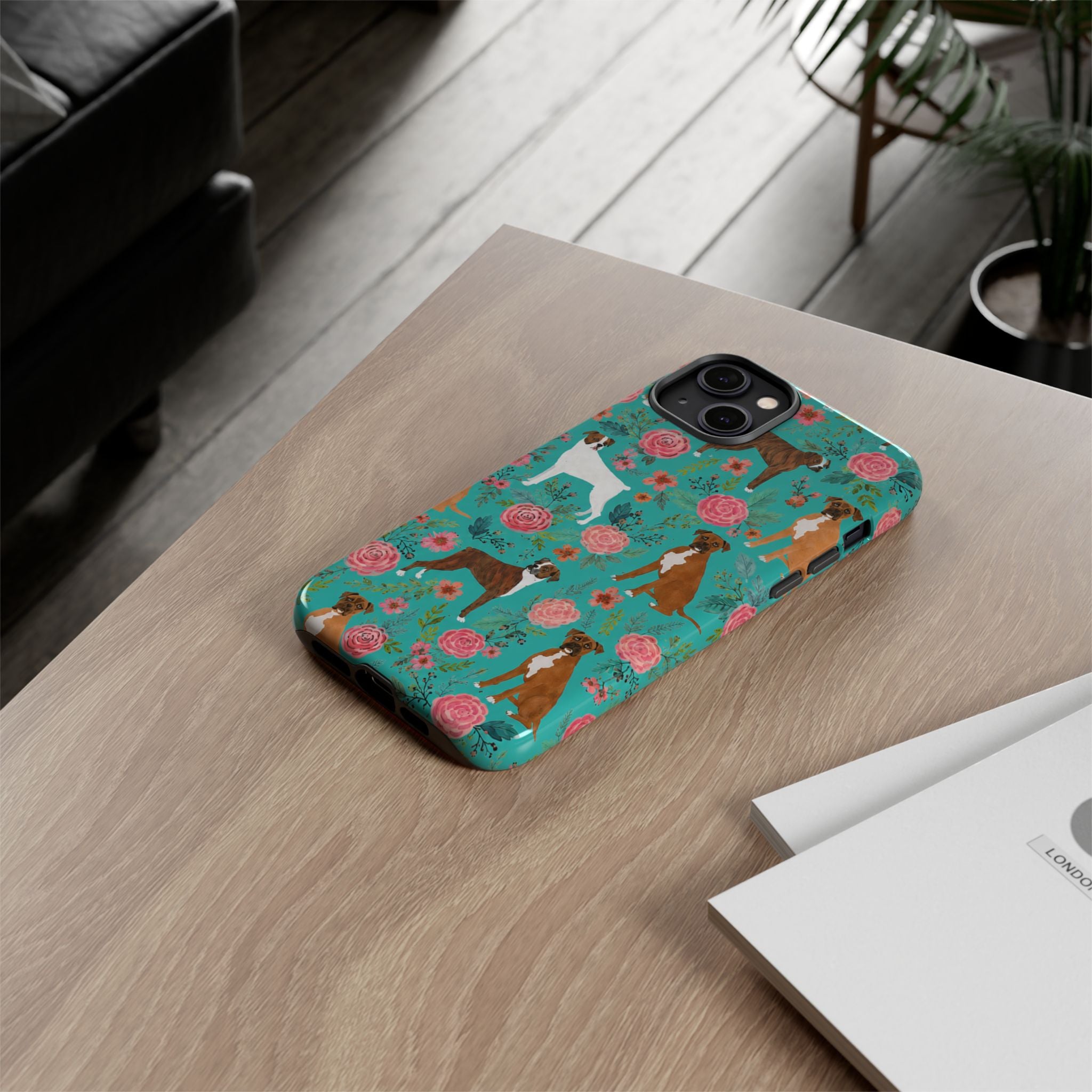 Boxer Dog Floral Phone Case — Teal Patterned Tough Cases